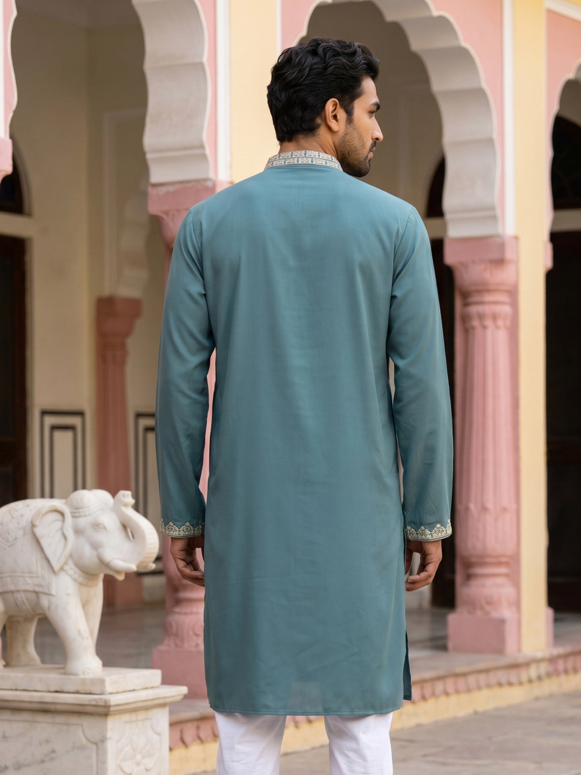 DesiQlo Men Embroidered Kurta Only - Multicolor - 65KO_5514Peacock_S