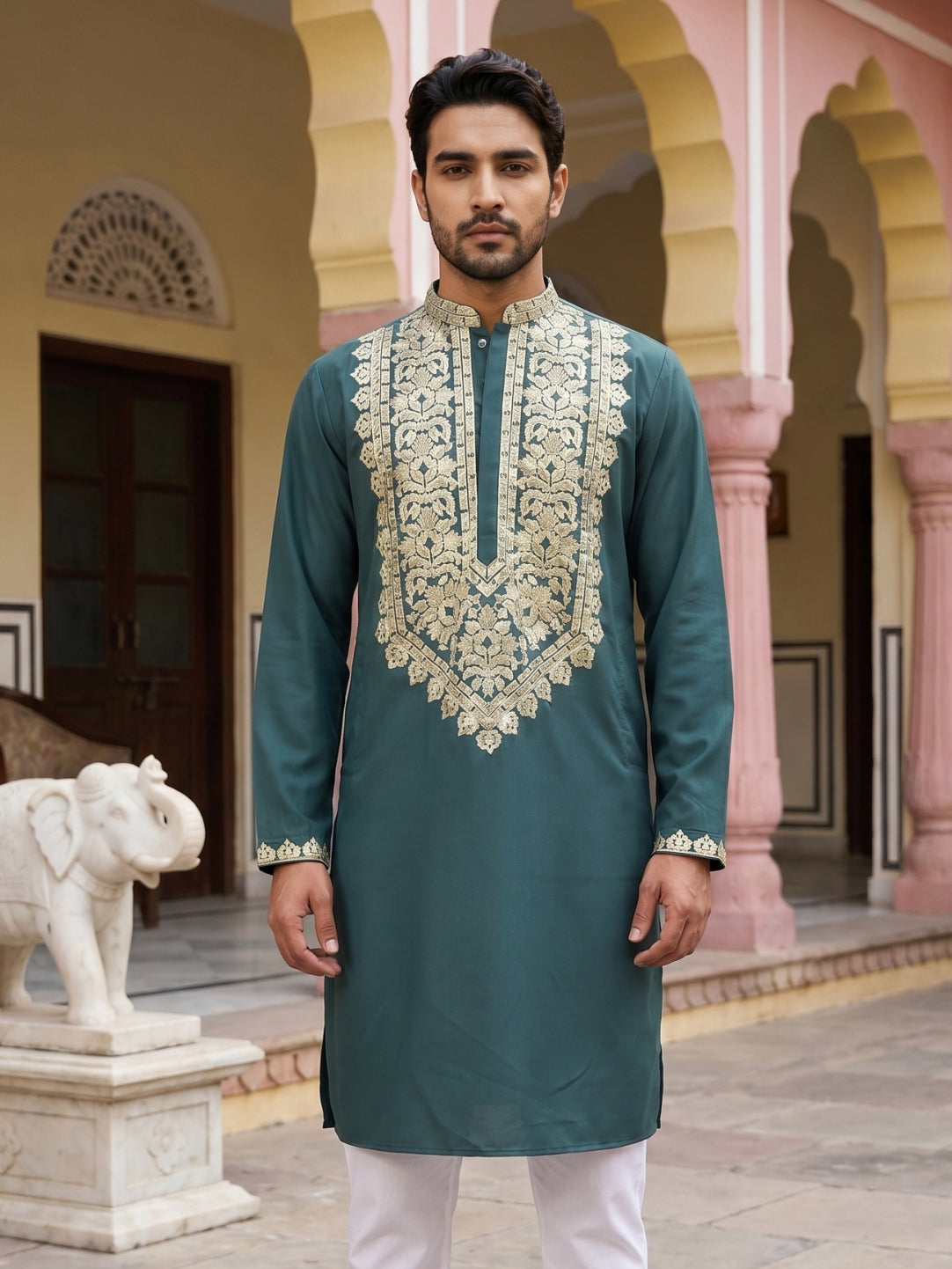DesiQlo Men Embroidered Kurta Only - Multicolor - 65KO_5514Peacock_S