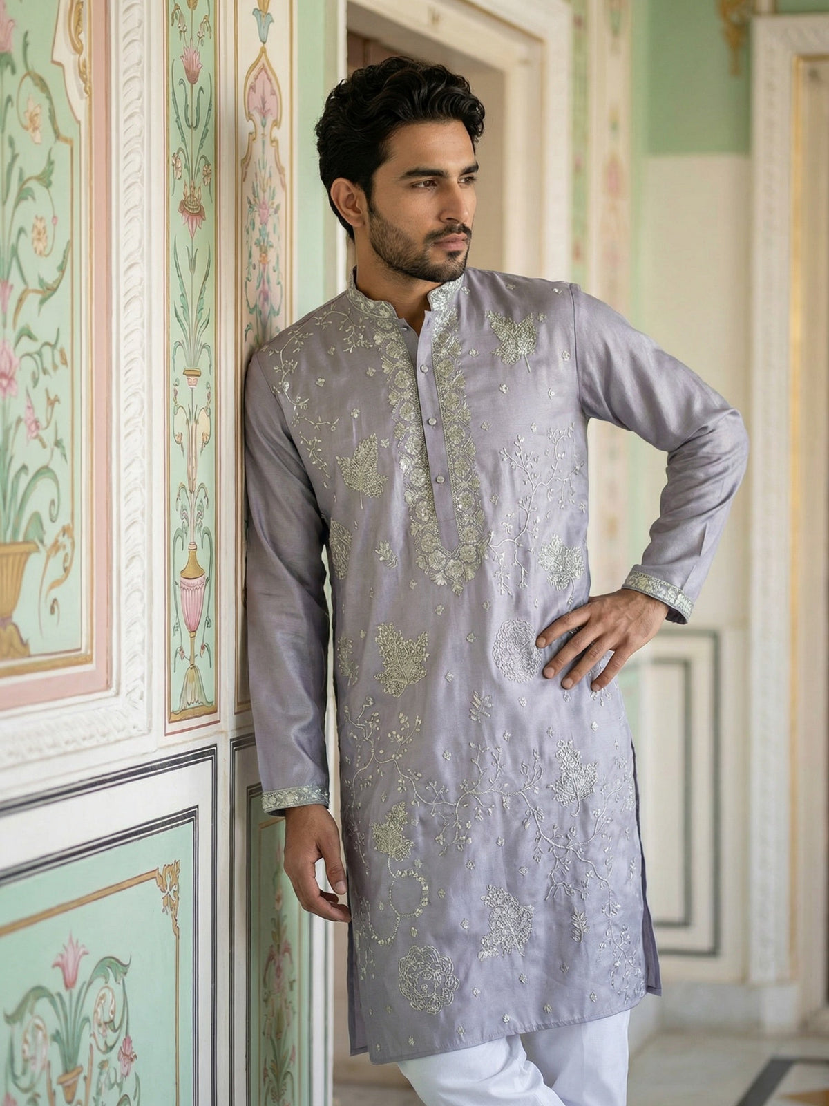 Embroidered Silk Blend Traditional Kurta ( 65KO 5515Lavender ) [FF] [A-3-4]