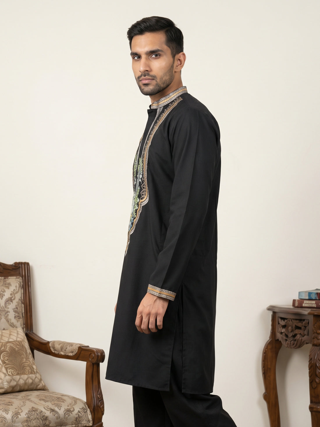 DesiQlo Men Embroidered Kurta Only - Black - 65KO_5516Black_S