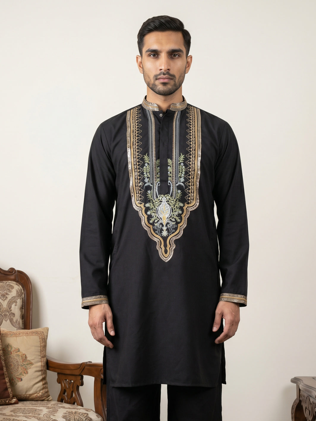 DesiQlo Men Embroidered Kurta Only - Black - 65KO_5516Black_S