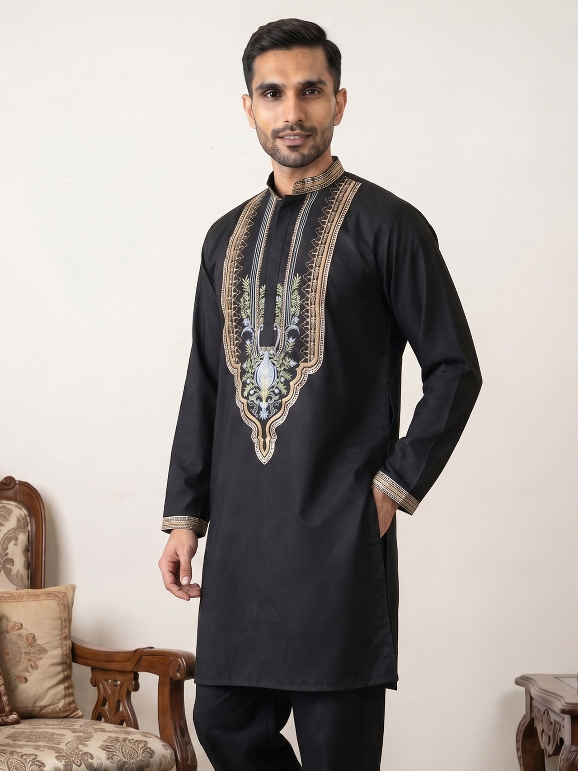 DesiQlo Men Embroidered Kurta Only - Black - 65KO_5516Black_S