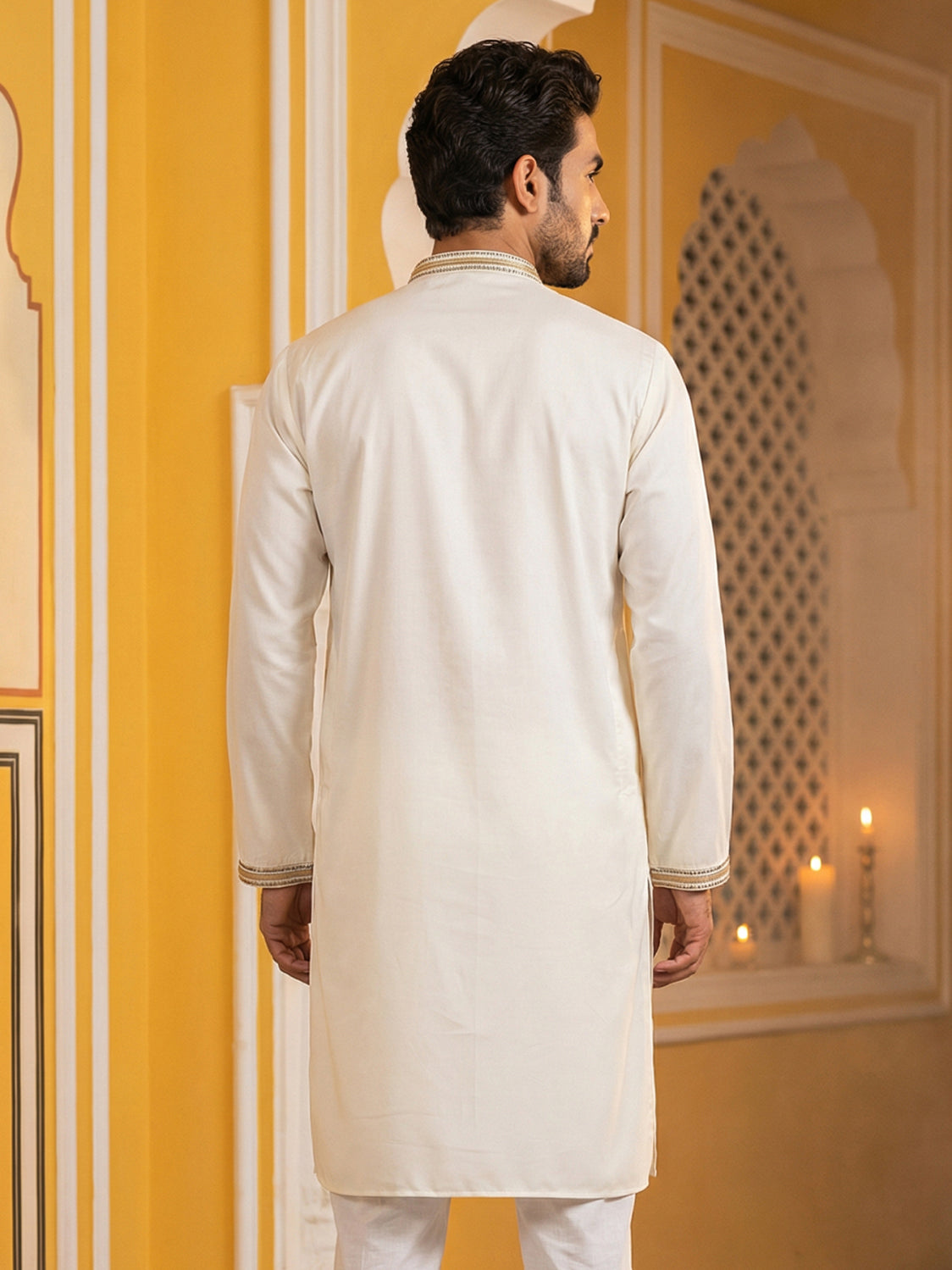 DesiQlo Men Embroidered Kurta Only - Beige - 65KO_5516Cream_S