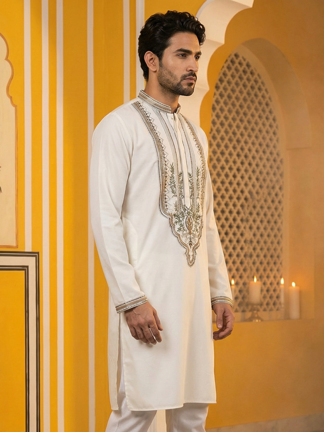DesiQlo Men Embroidered Kurta Only - Beige - 65KO_5516Cream_S