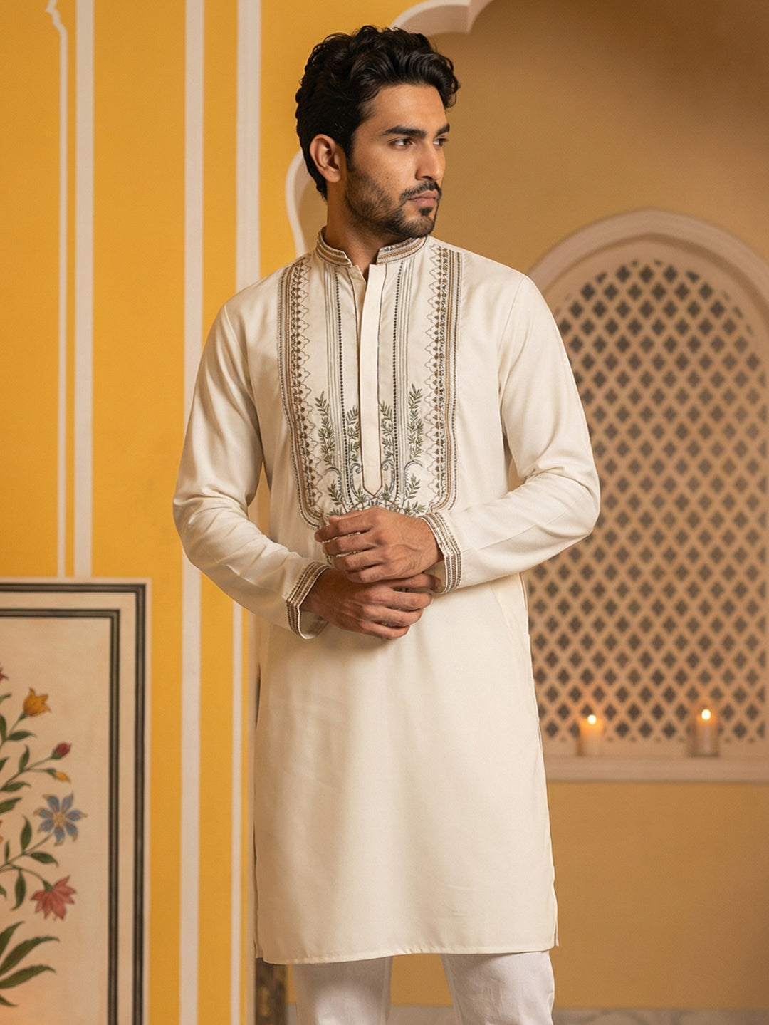 DesiQlo Men Embroidered Kurta Only - Beige - 65KO_5516Cream_S