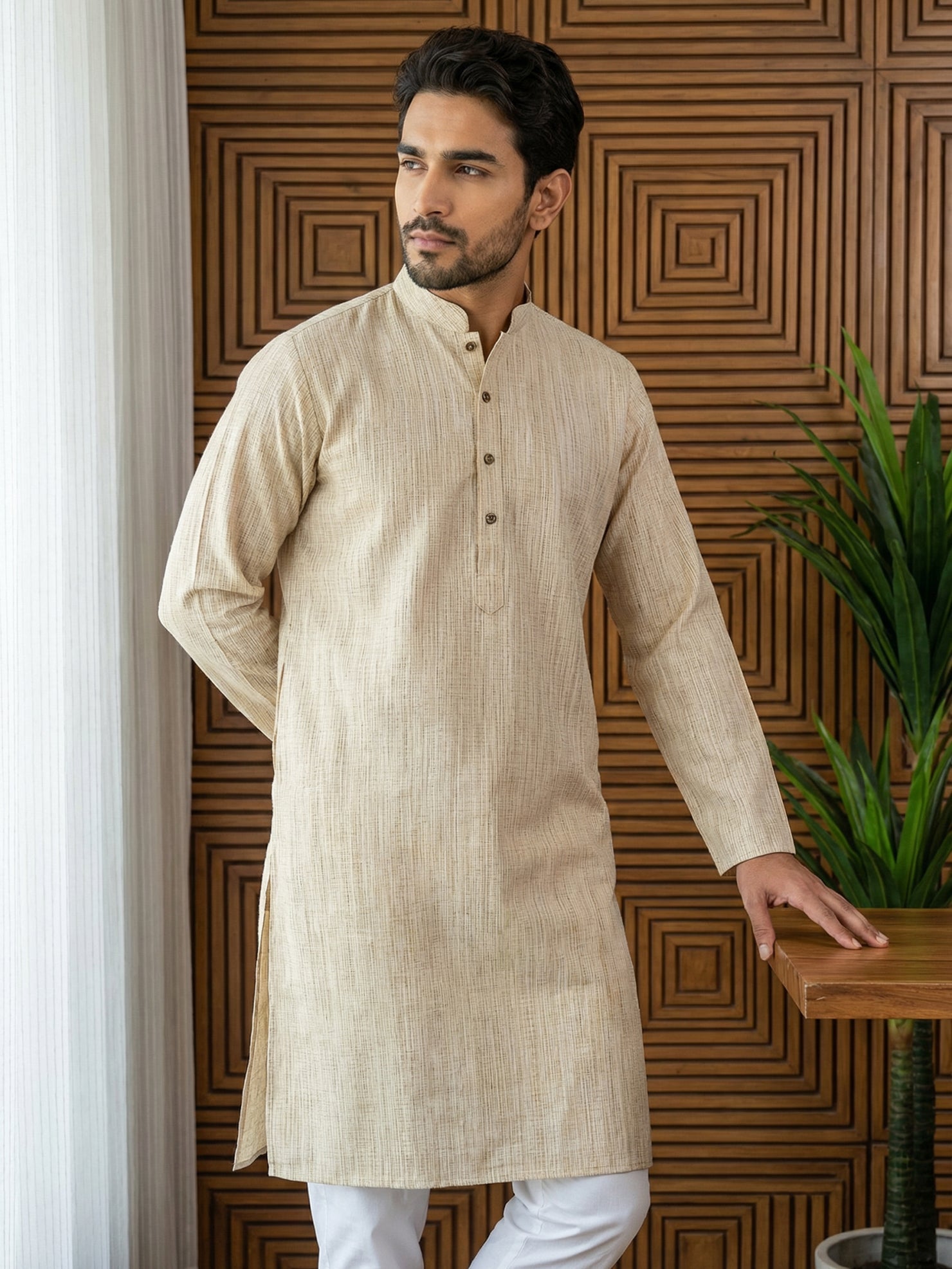 DesiQlo Men Woven Design Kurta Only - Beige