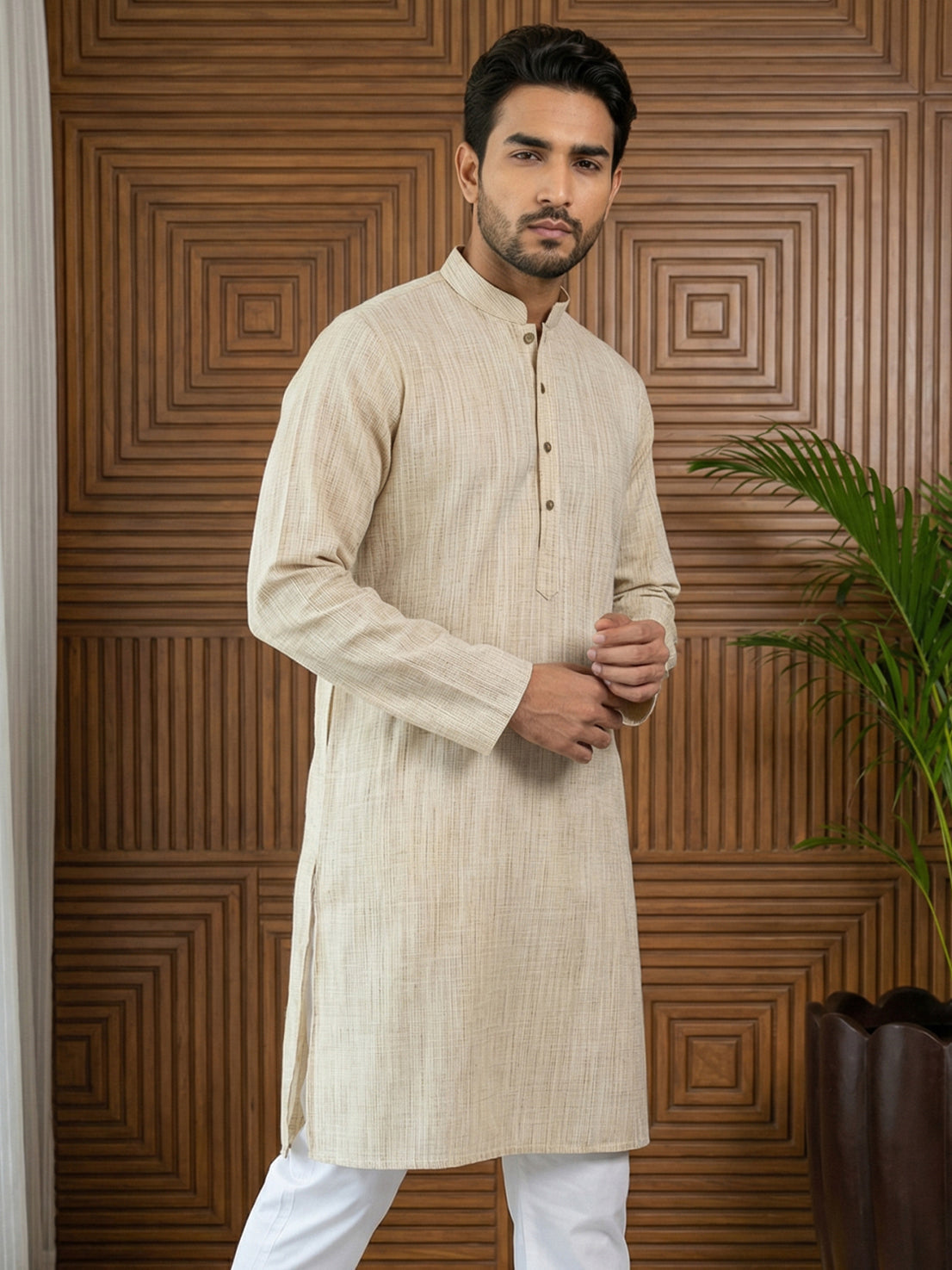 DesiQlo Men Woven Design Kurta Only - Beige