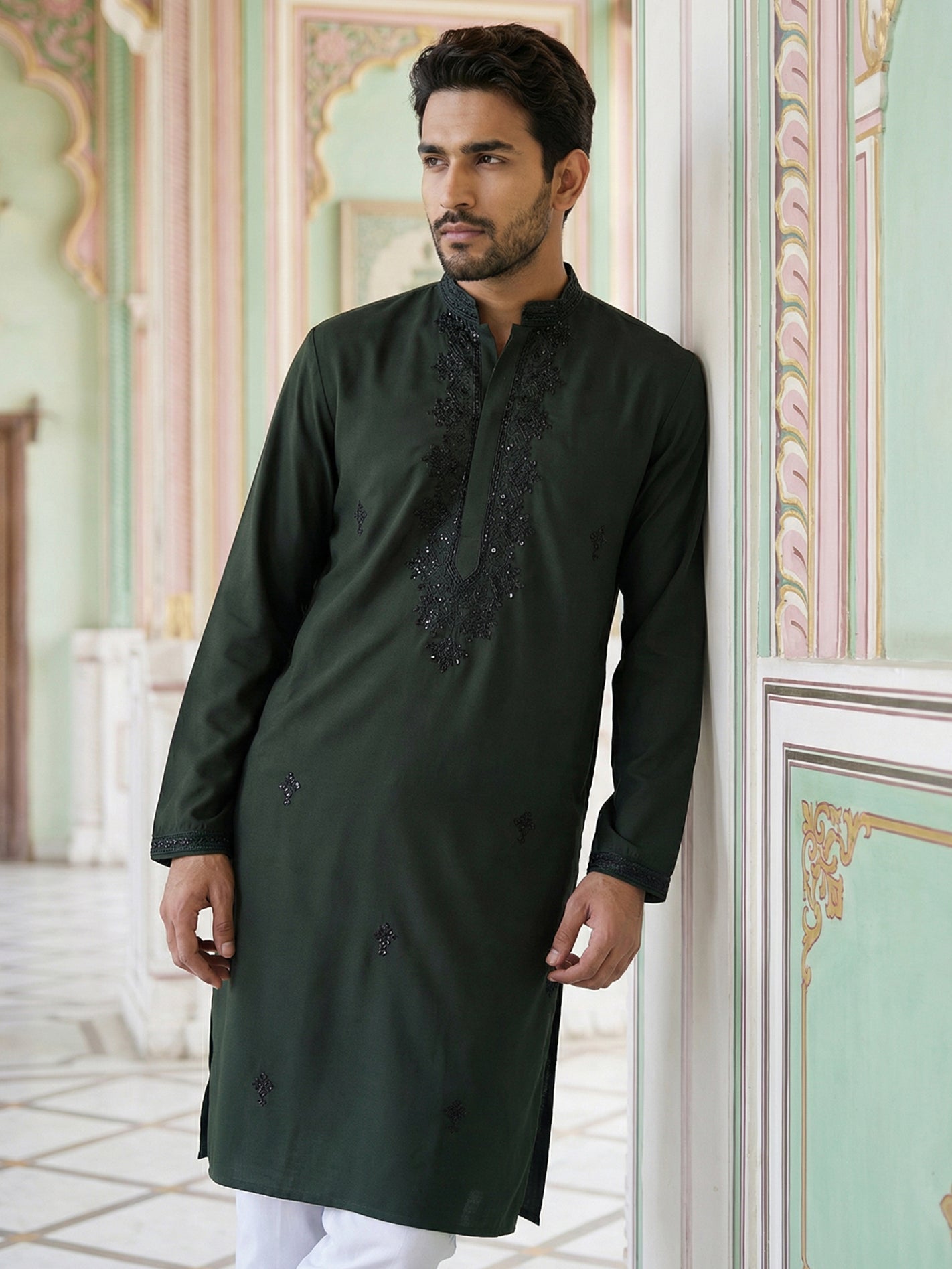 DesiQlo Men Embroidered Kurta Only - Green - 65KO_5519Olive_S