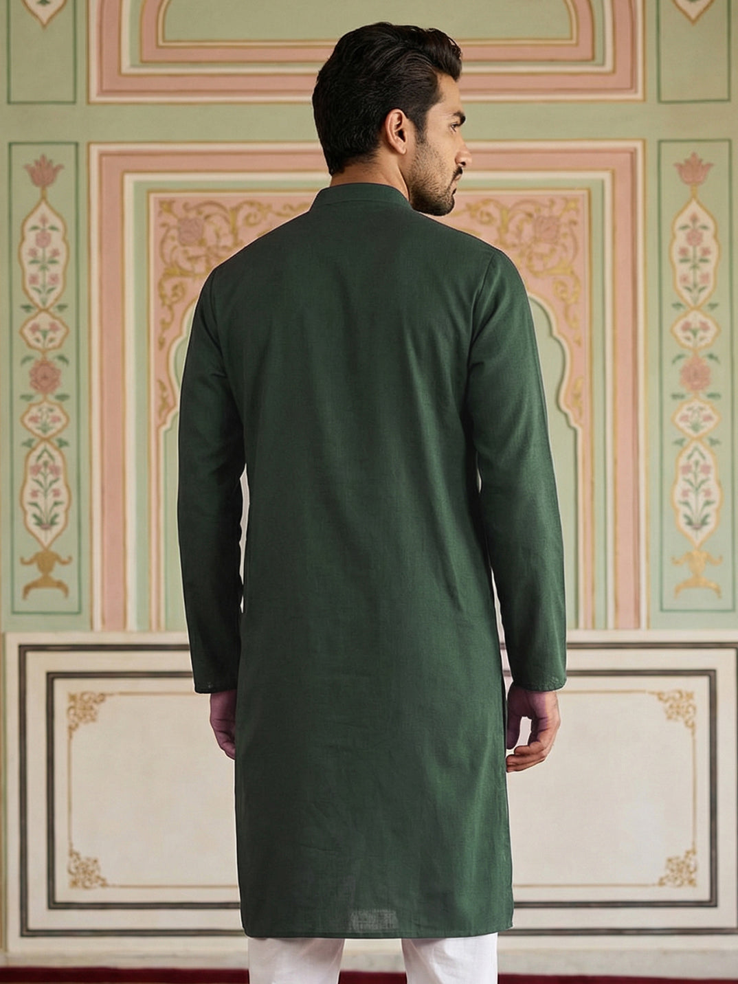 DesiQlo Men Embroidered Kurta Only - Green - 65KO_5519Olive_S