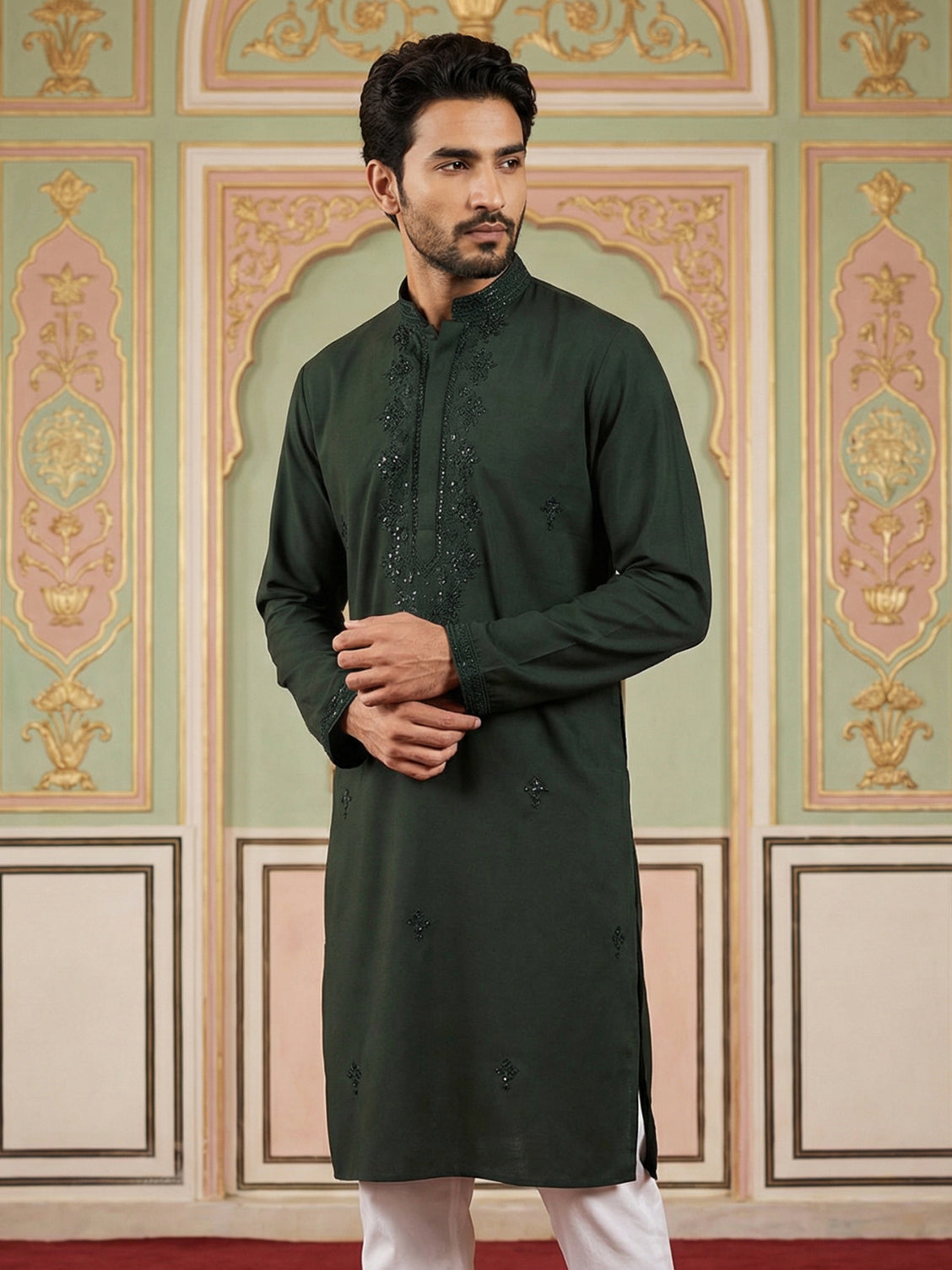 DesiQlo Men Embroidered Kurta Only - Green - 65KO_5519Olive_S