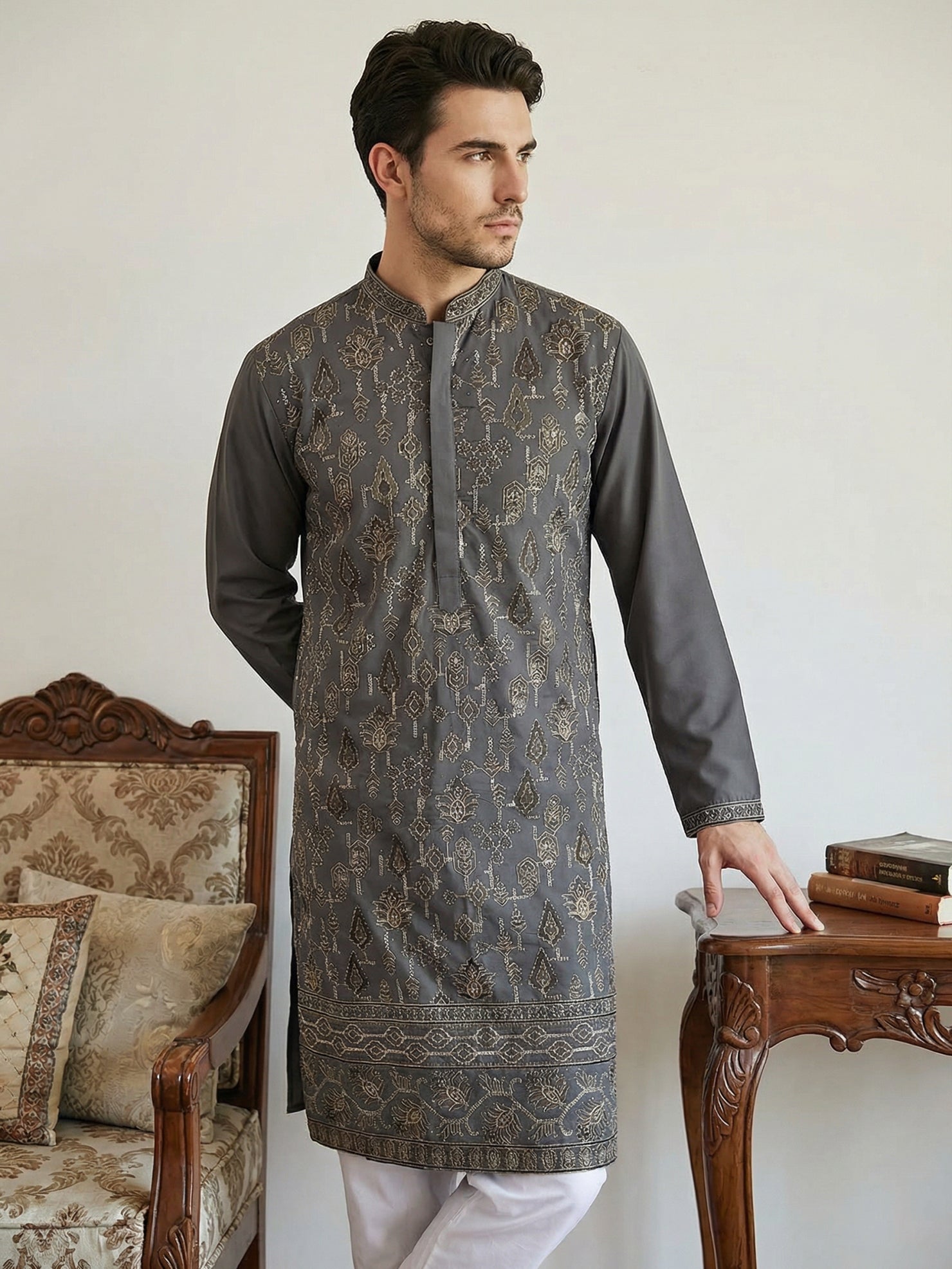DesiQlo Men Embroidered Kurta Only - Grey - 65KO_5520Grey_S