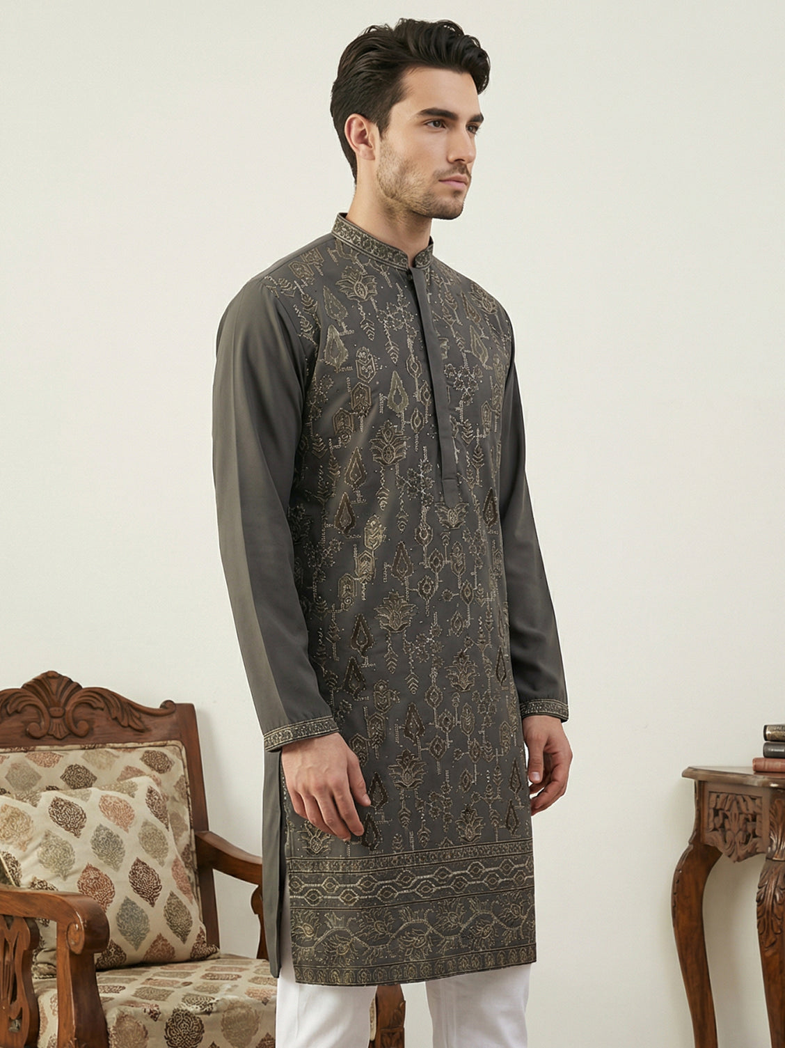 DesiQlo Men Embroidered Kurta Only - Grey - 65KO_5520Grey_S