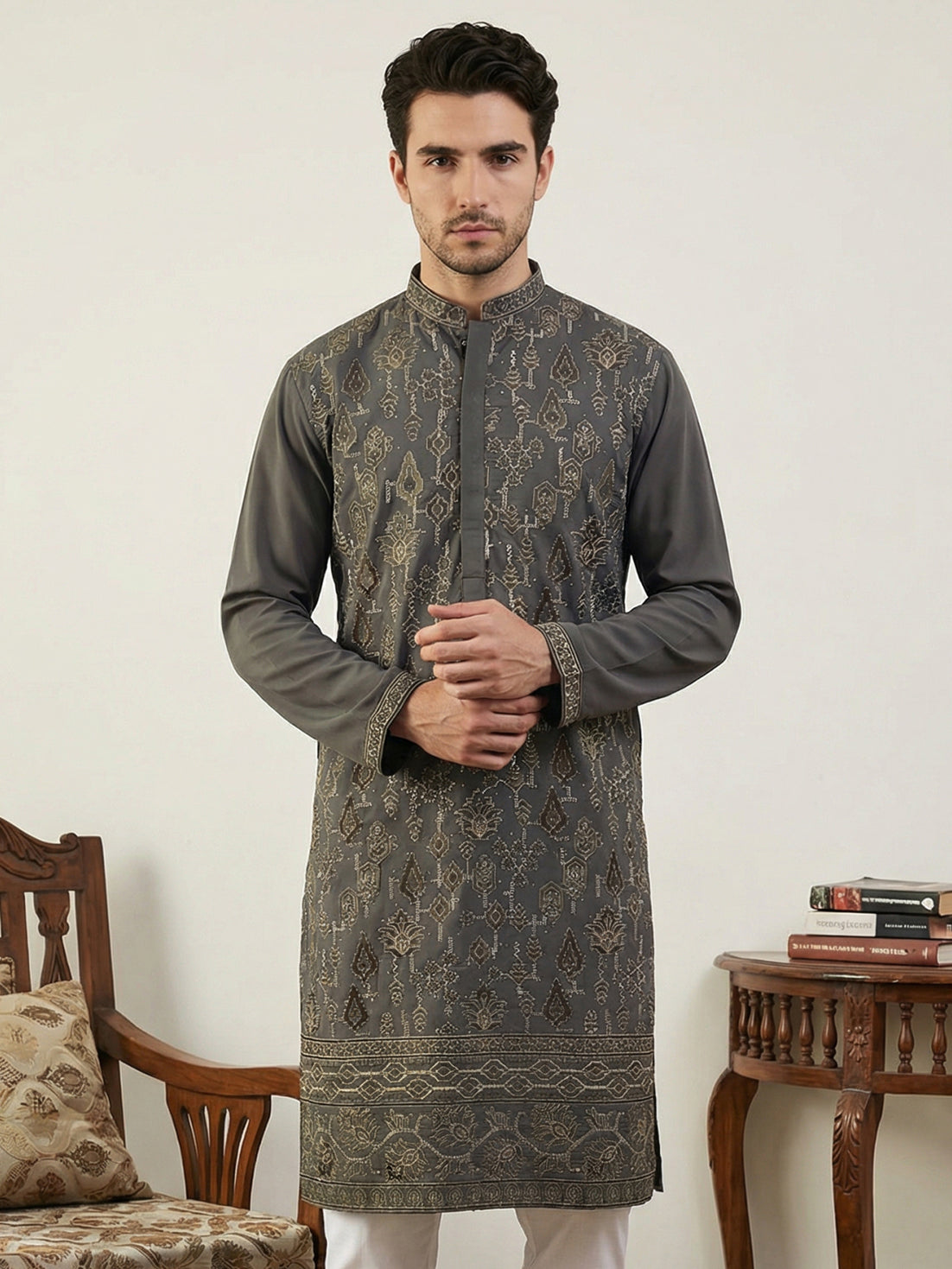 DesiQlo Men Embroidered Kurta Only - Grey - 65KO_5520Grey_S