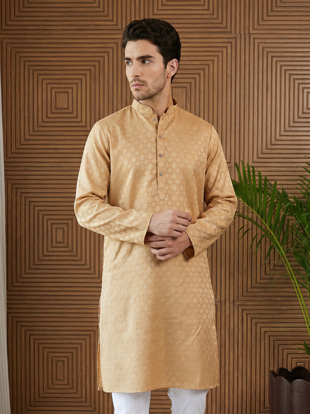 DesiQlo Men Woven Design Kurta Only - Orange - 65KO_5521Orange_S
