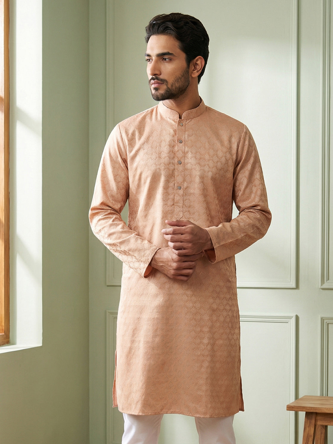 DesiQlo Men Woven Design Kurta Only - Orange - 65KO_5521Peach_S