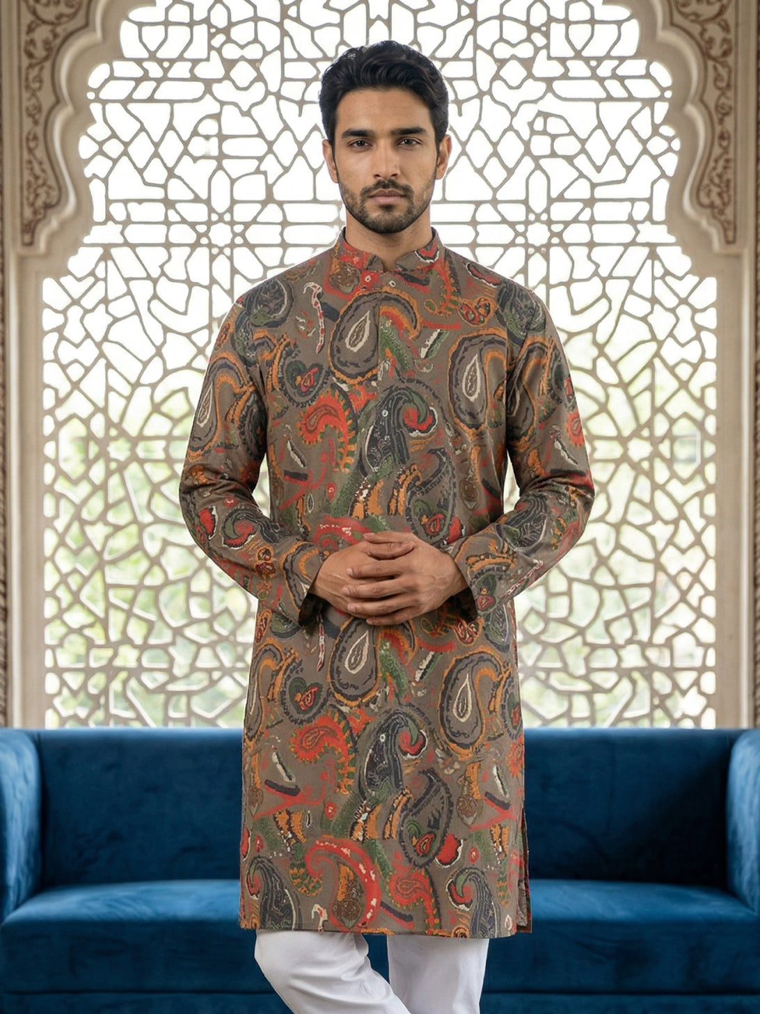 DesiQlo Men Printed Kurta Only - Brown - 65KO_5524Brown_S