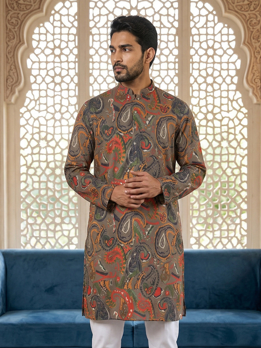DesiQlo Men Printed Kurta Only - Brown - 65KO_5524Brown_S