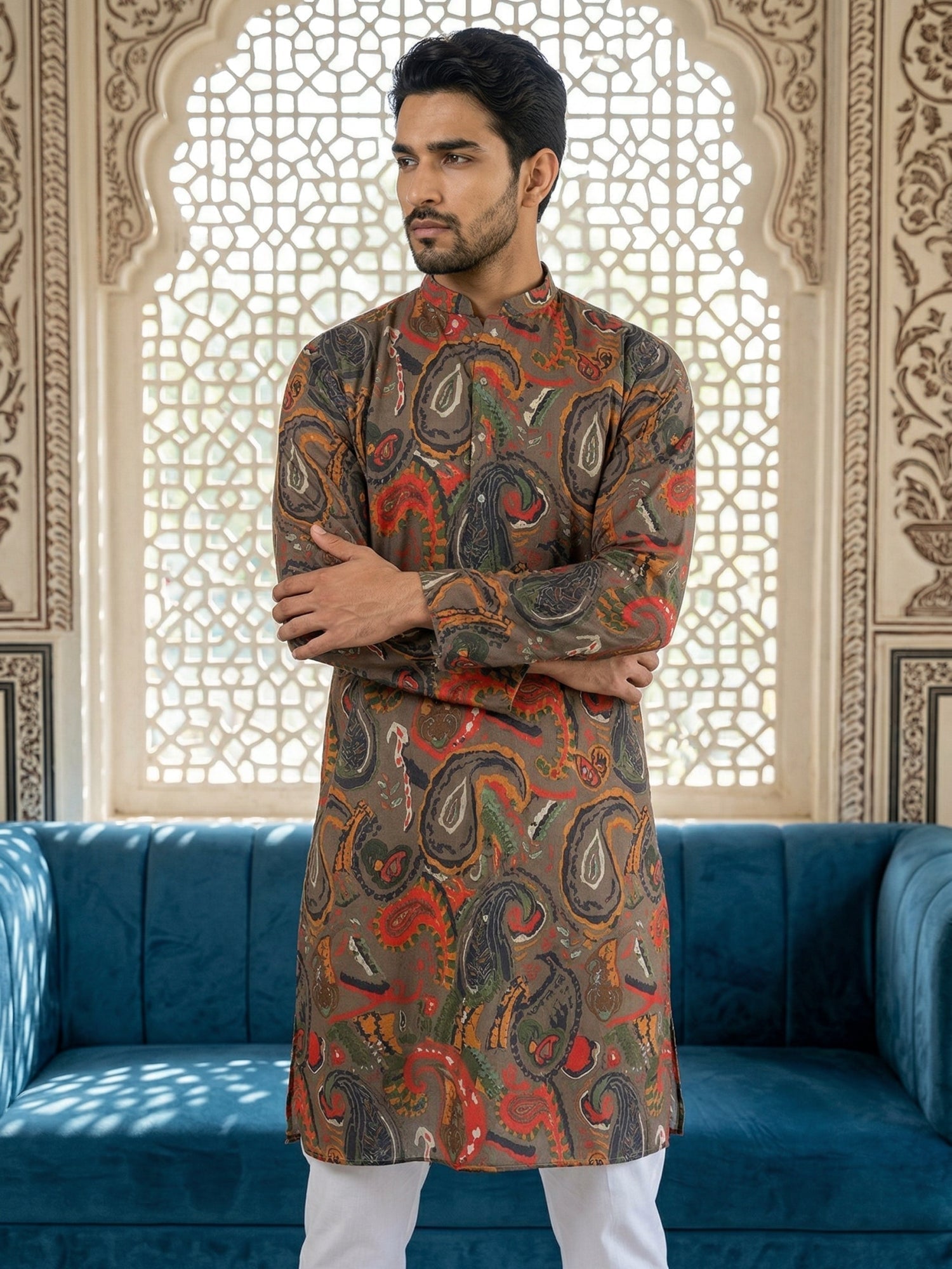 DesiQlo Men Printed Kurta Only - Brown - 65KO_5524Brown_S
