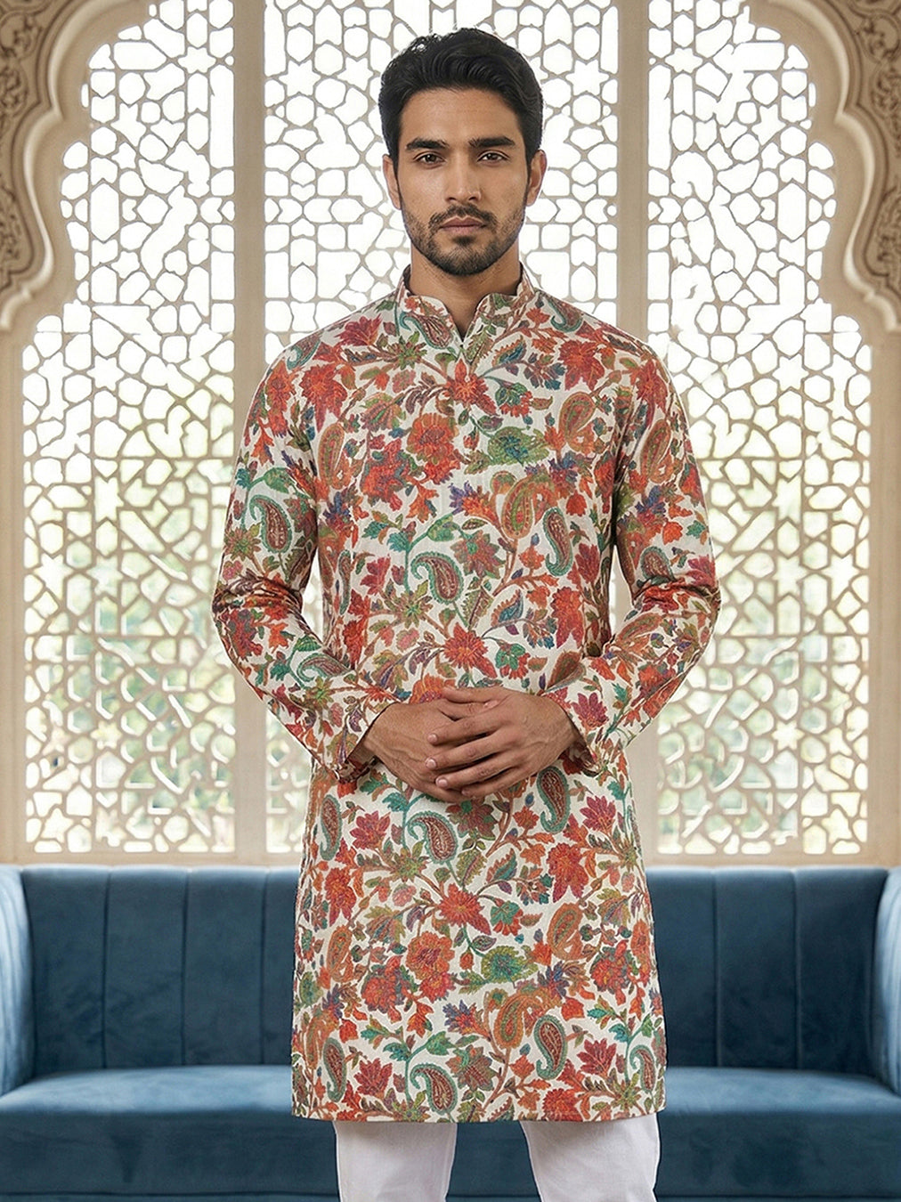DesiQlo Men Printed Kurta Only - Multicolor - 65KO_5524Multi_S