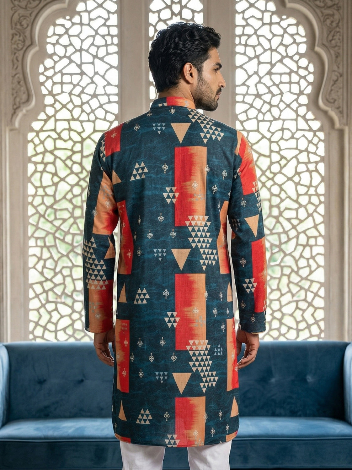 DesiQlo Men Printed Kurta Only - Blue - 65KO_5524Navy_S