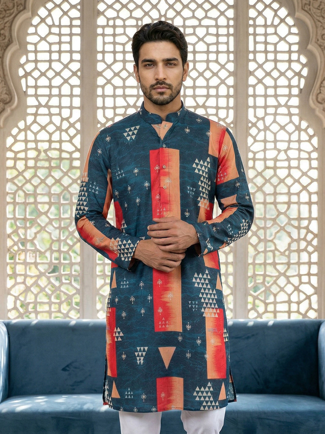 DesiQlo Men Printed Kurta Only - Blue - 65KO_5524Navy_S