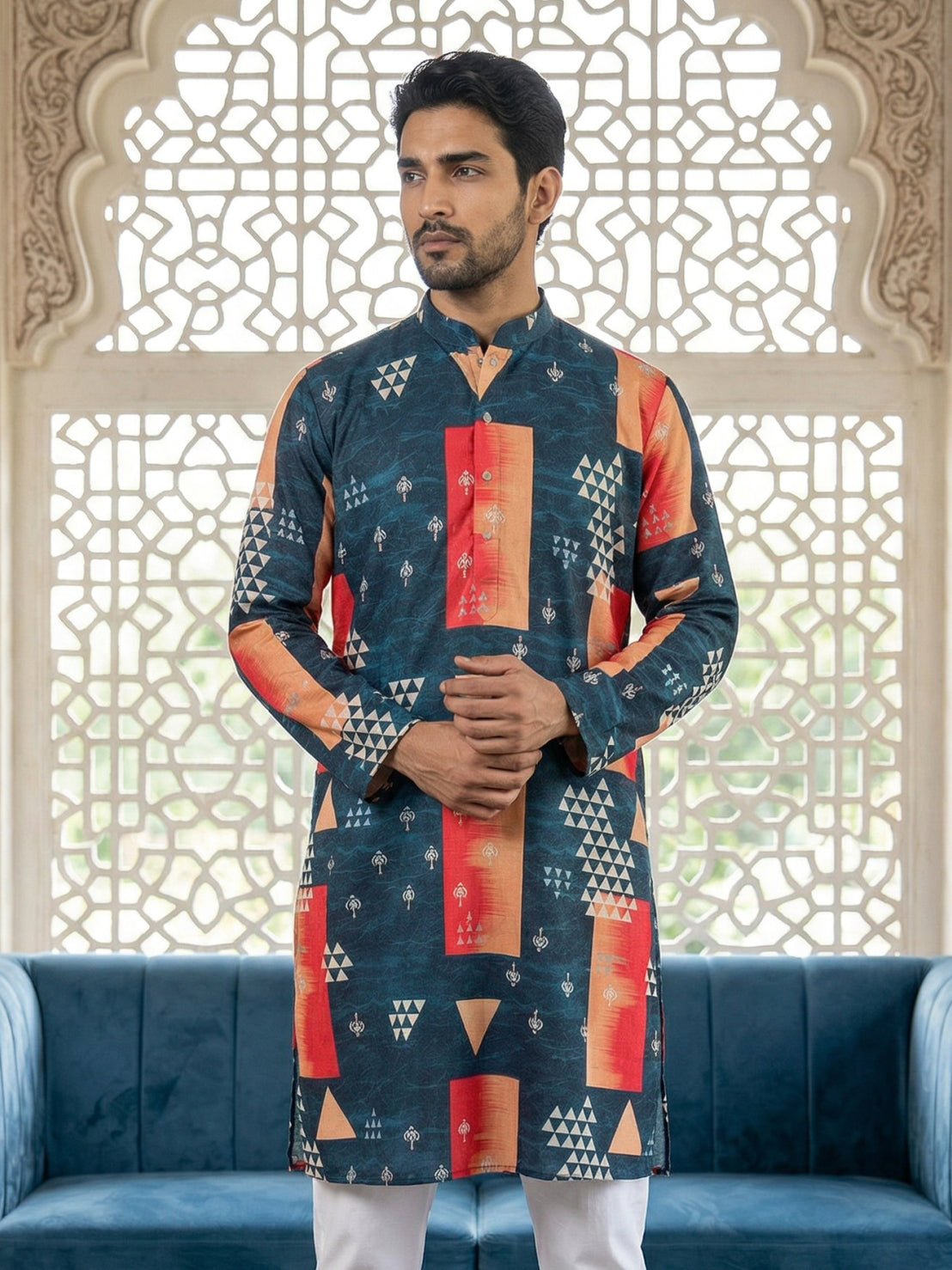 DesiQlo Men Printed Kurta Only - Blue - 65KO_5524Navy_S