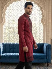 Men’s Classic Silk Blend Kurta with Rich Embroidery ( 65KO 5530Maroon ) [FF] [F-10]