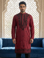 Men’s Classic Silk Blend Kurta with Rich Embroidery ( 65KO 5530Maroon ) [FF] [F-10]
