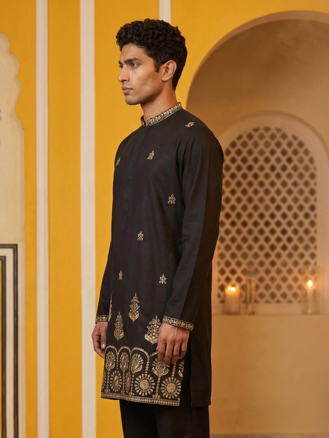 DesiQlo Men Embroidered Kurta Only - Black - 65KO_5531Black_S