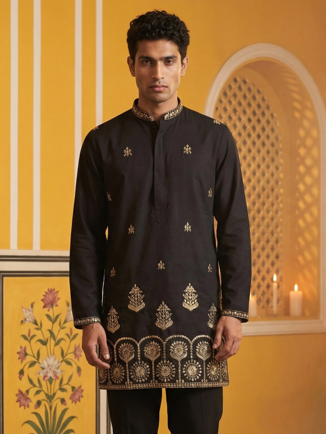 DesiQlo Men Embroidered Kurta Only - Black - 65KO_5531Black_S