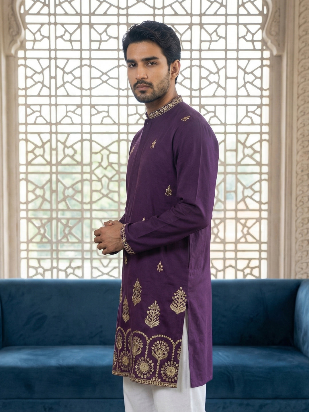 DesiQlo Men Embroidered Kurta Only - Purple - 65KO_5531Purple_S