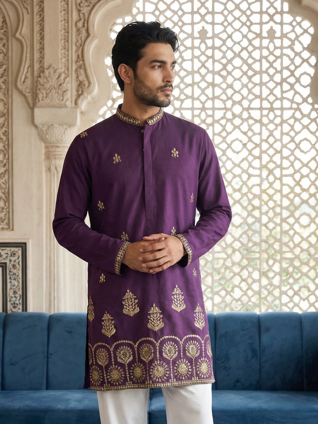 DesiQlo Men Embroidered Kurta Only - Purple - 65KO_5531Purple_S