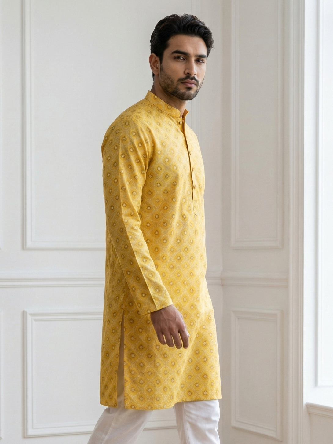 DesiQlo Men Printed Kurta Only - Yellow - 65KO_5532Yellow_S