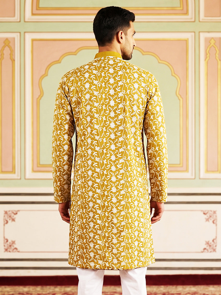 DesiQlo Men Embroidered Kurta Only - Yellow - 65KO_5533Mustard_S