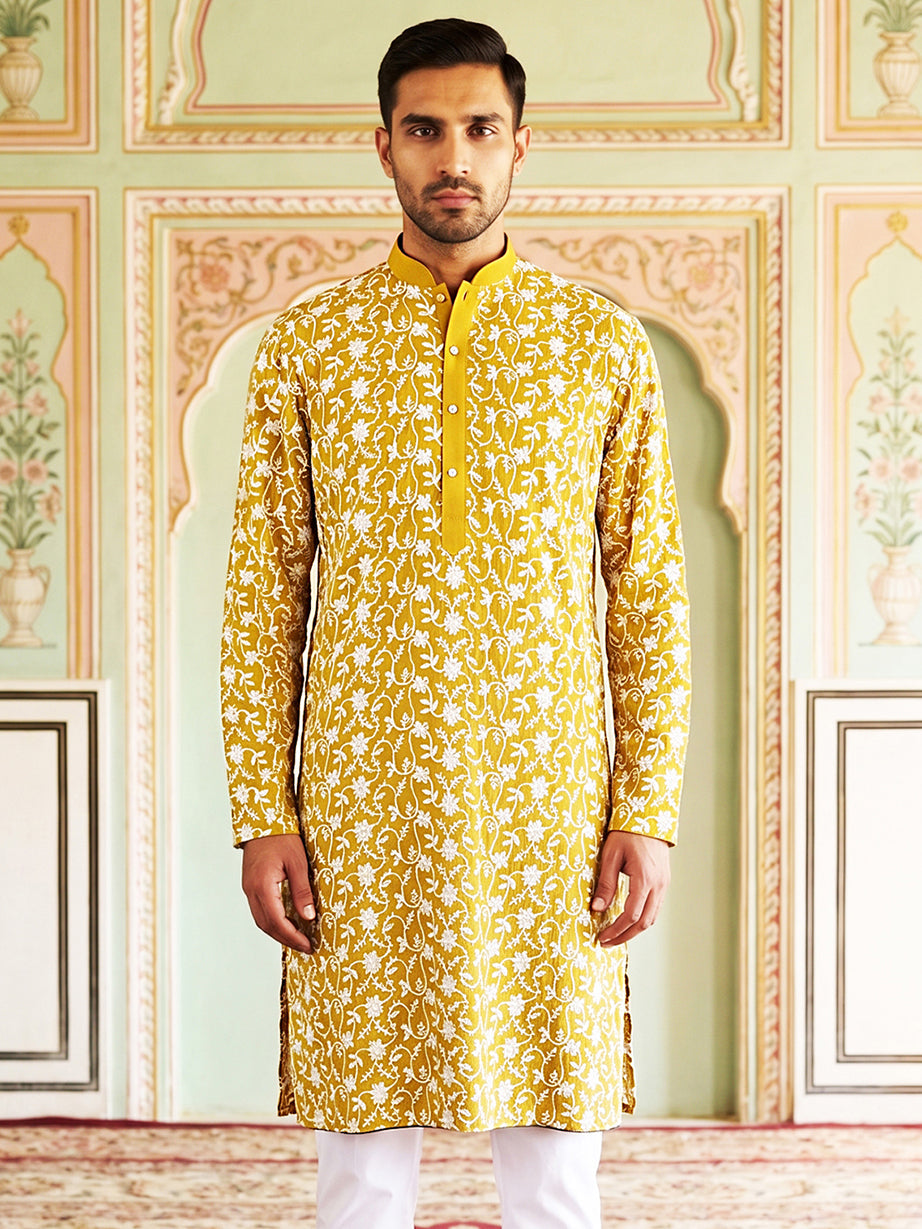DesiQlo Men Embroidered Kurta Only - Yellow - 65KO_5533Mustard_S