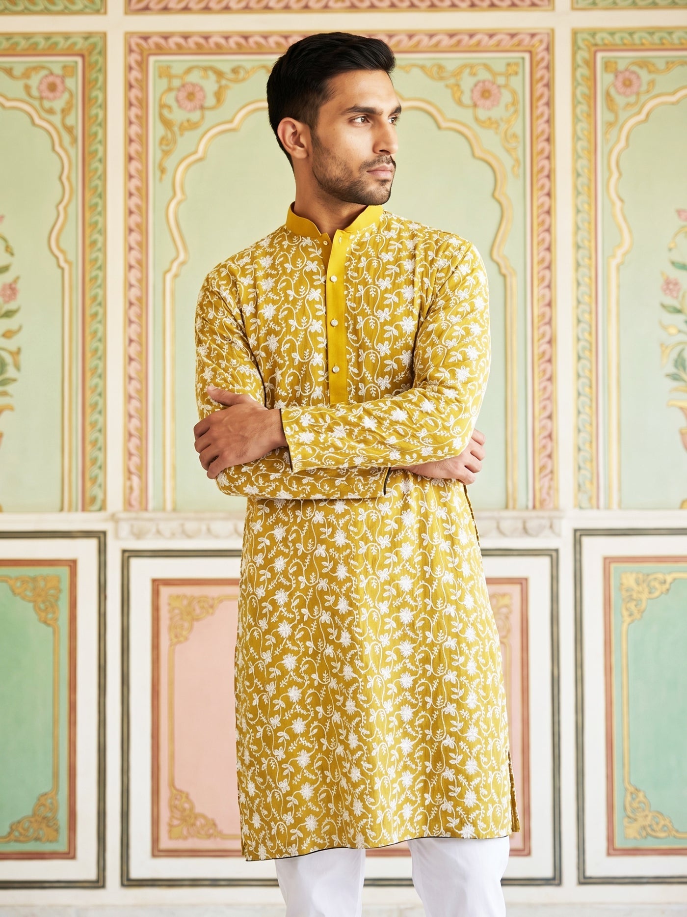 DesiQlo Men Embroidered Kurta Only - Yellow - 65KO_5533Mustard_S