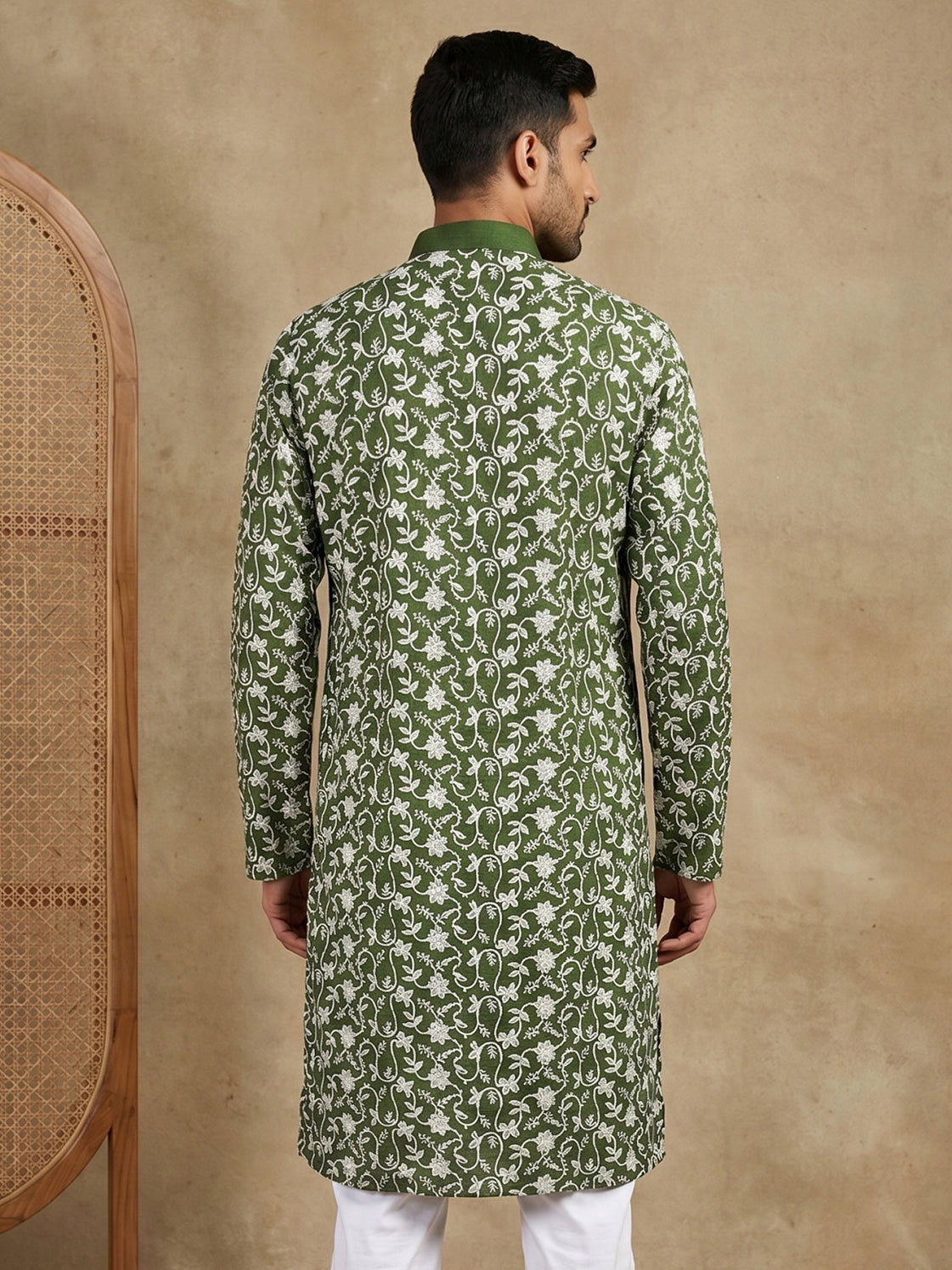 DesiQlo Men Embroidered Kurta Only - Green - 65KO_5533Olive_S