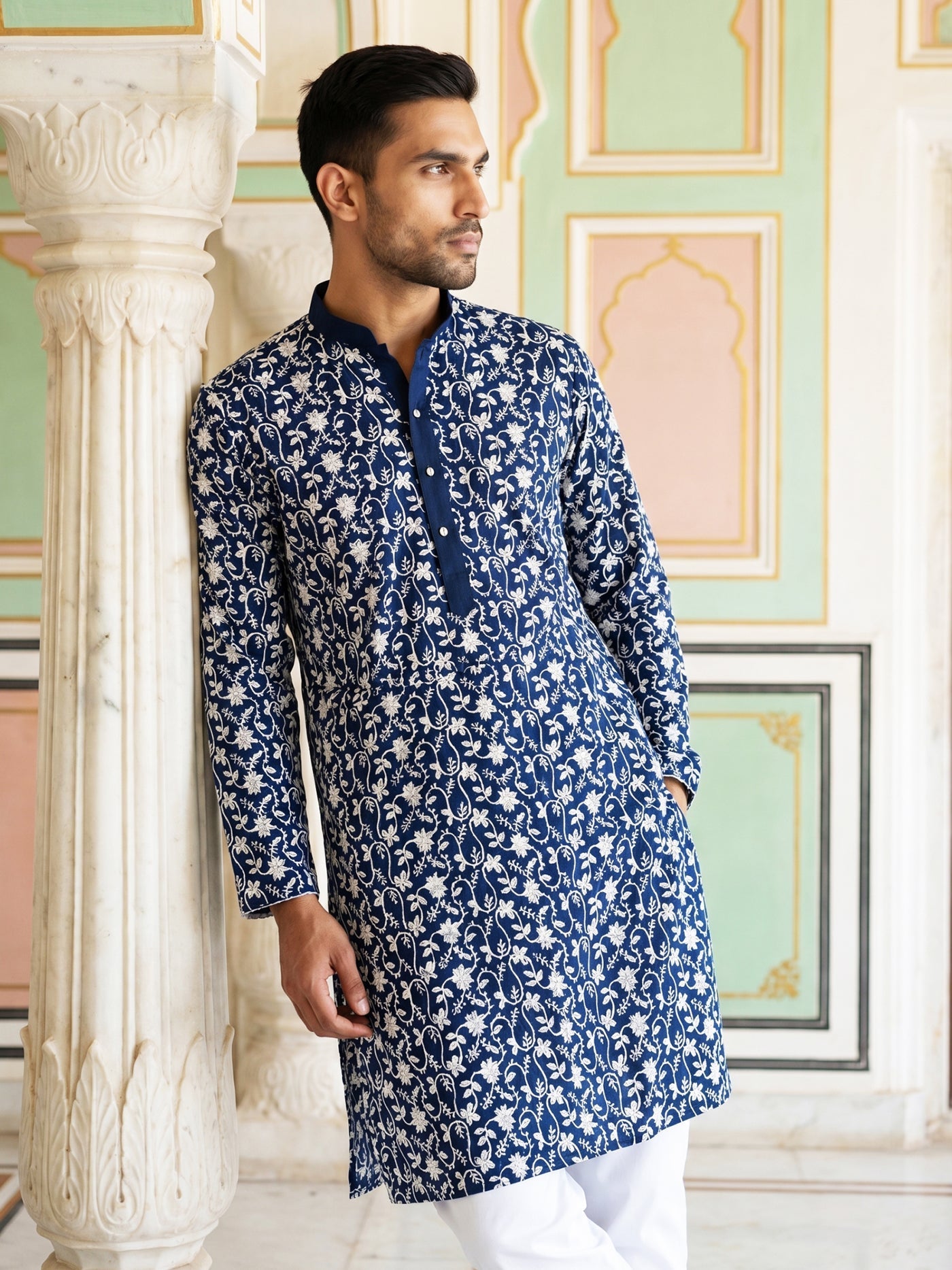 DesiQlo Men Embroidered Kurta Only - Multicolor - 65KO_5533Peacock_S