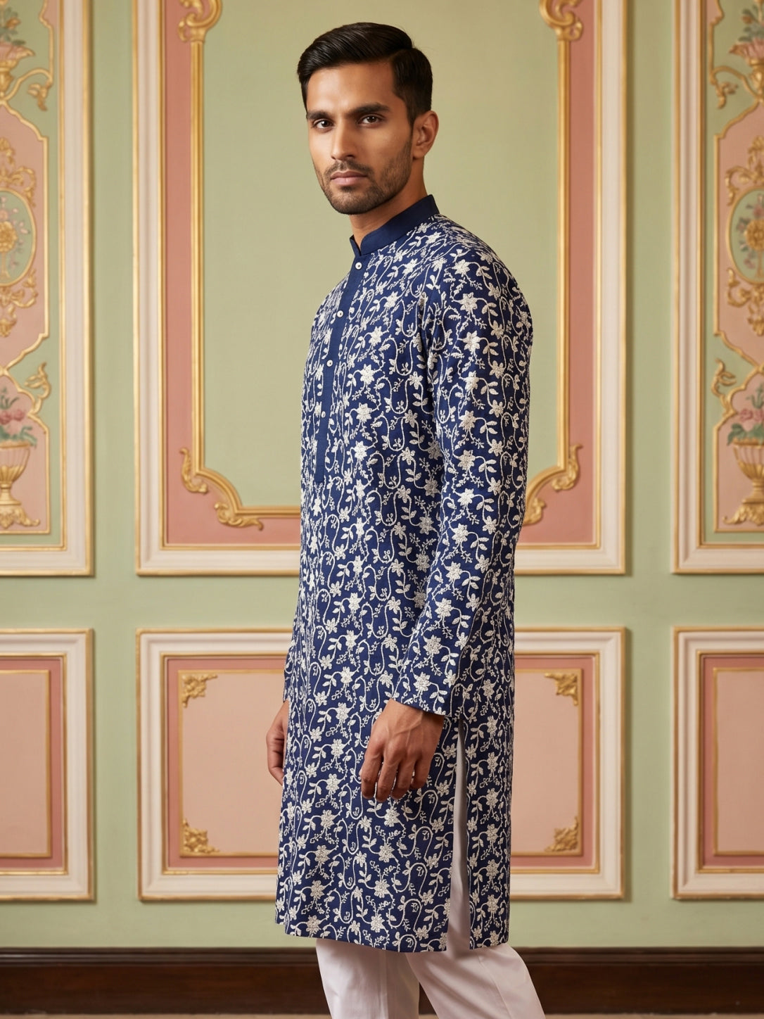 DesiQlo Men Embroidered Kurta Only - Multicolor - 65KO_5533Peacock_S