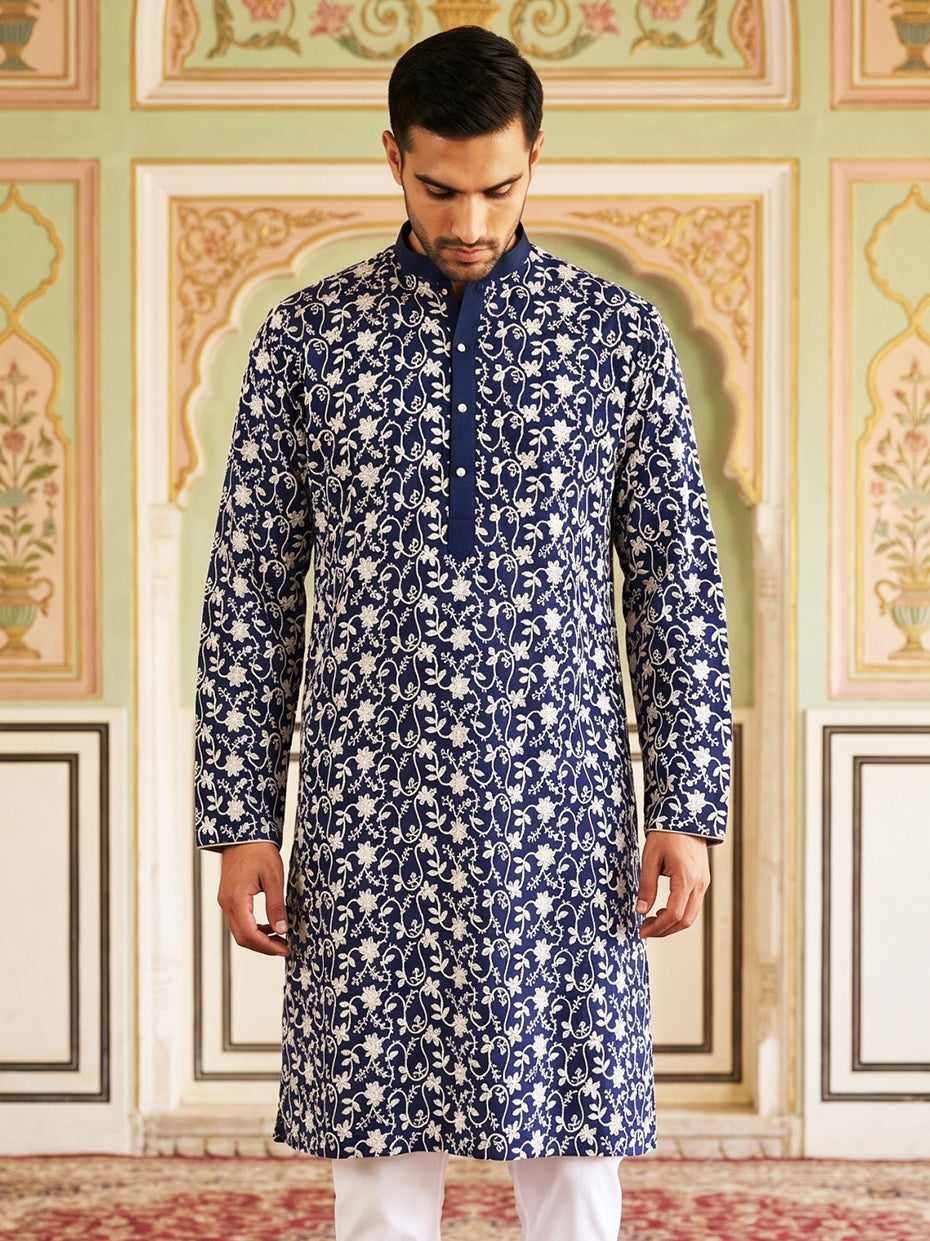 DesiQlo Men Embroidered Kurta Only - Multicolor - 65KO_5533Peacock_S