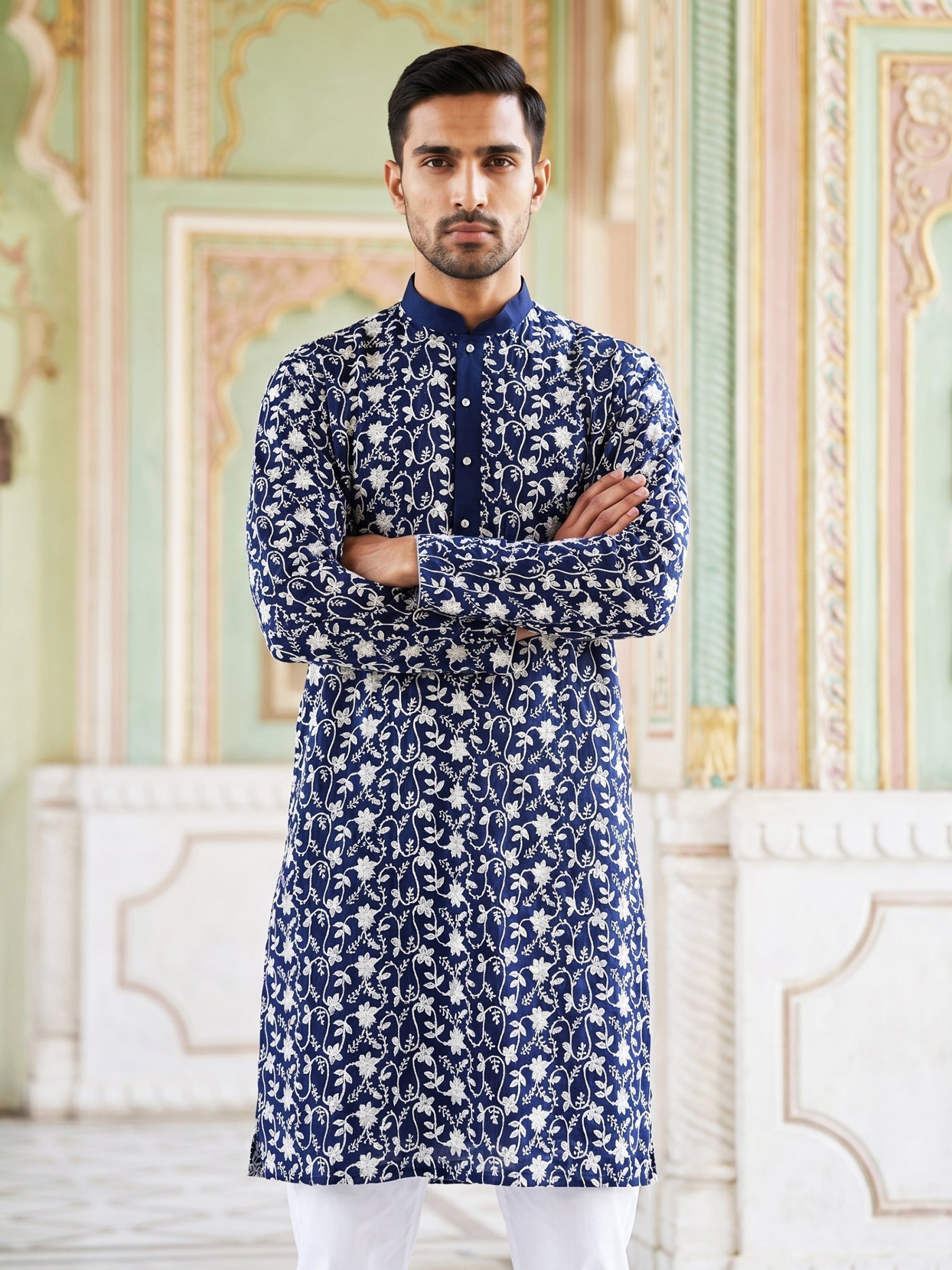DesiQlo Men Embroidered Kurta Only - Multicolor - 65KO_5533Peacock_S