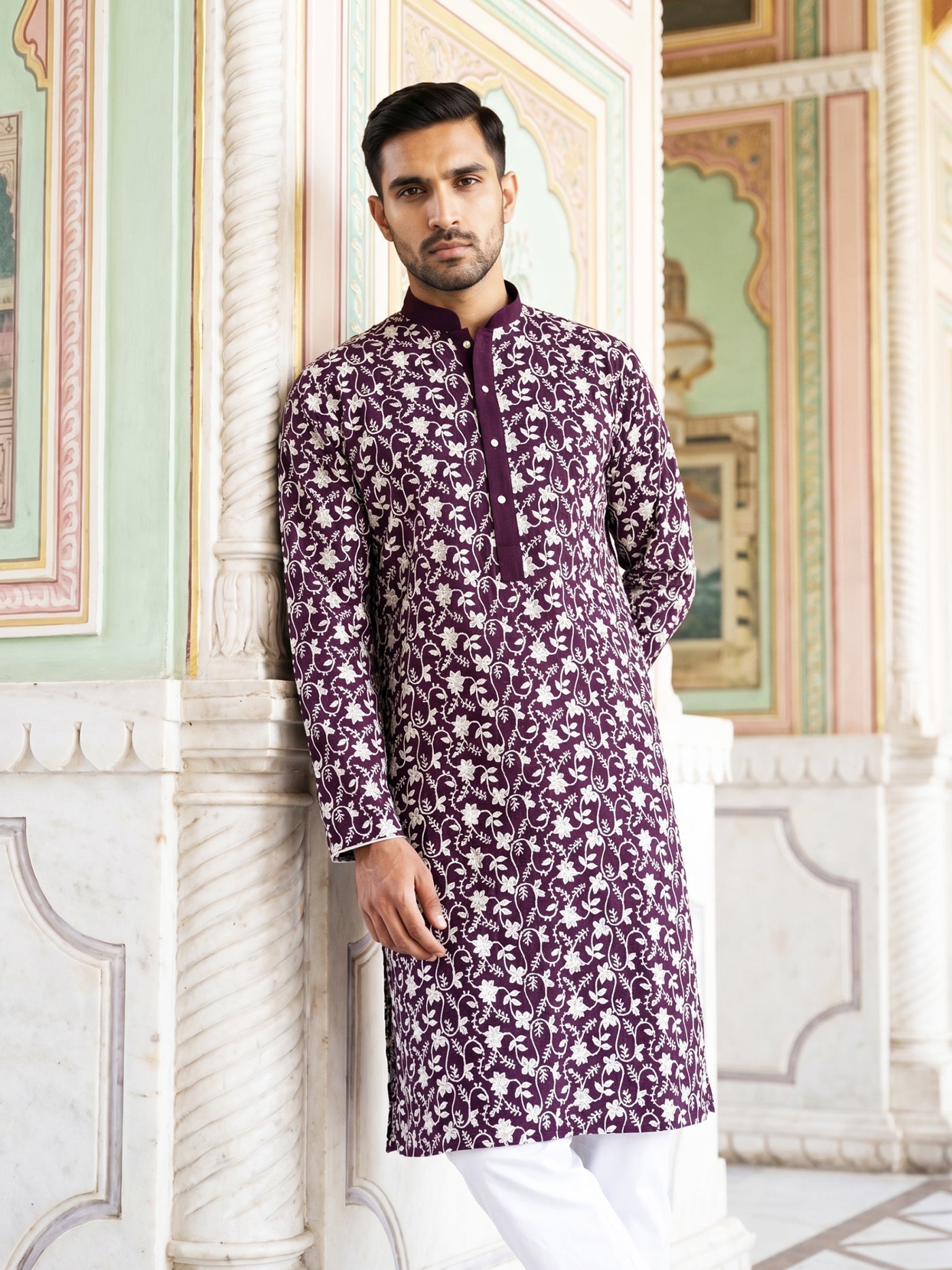 DesiQlo Men Embroidered Kurta Only - Purple - 65KO_5533Purple_S