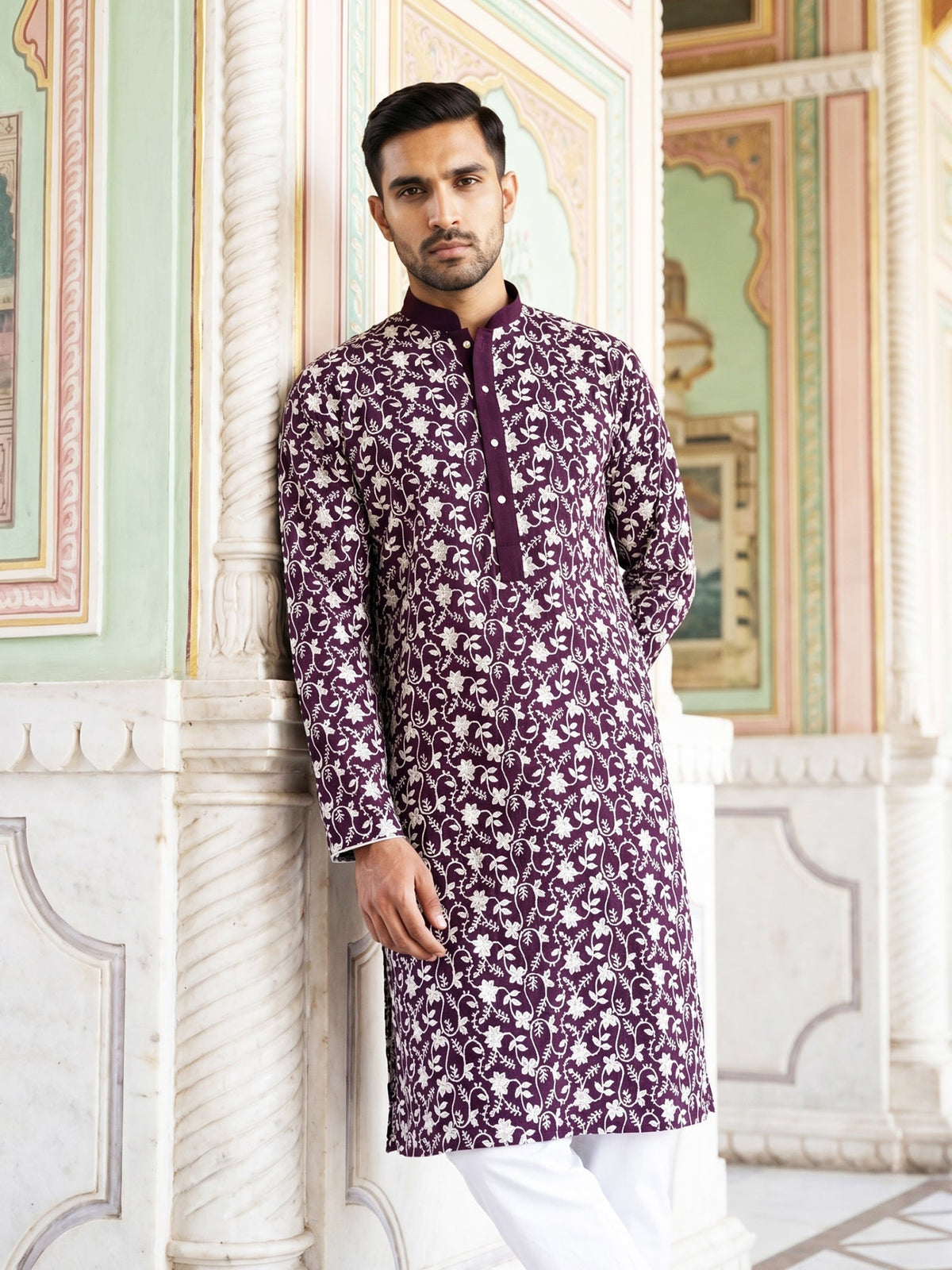 Floral Embroidered Viscose Rayon Kurta ( 65KO 5533Purple )