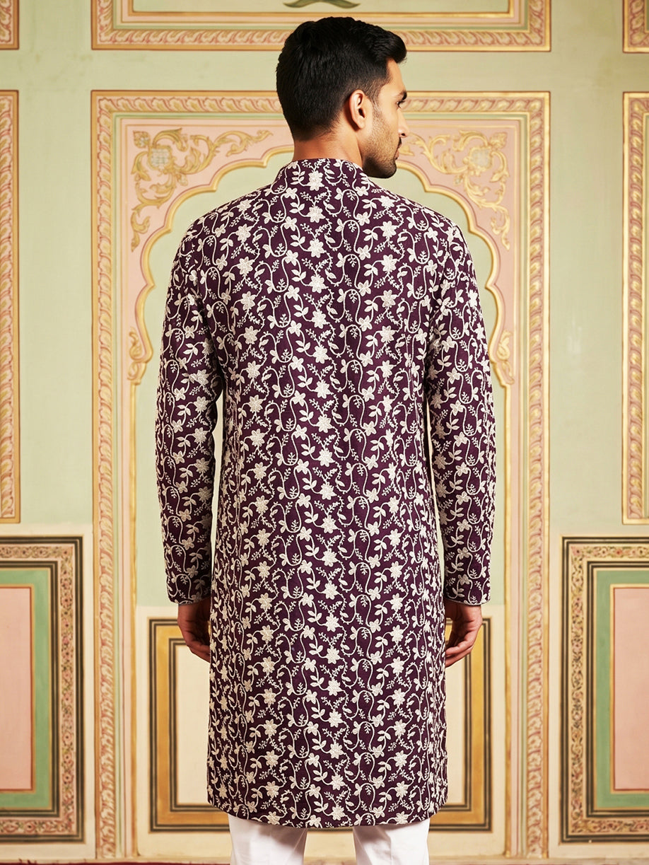 DesiQlo Men Embroidered Kurta Only - Purple - 65KO_5533Purple_S