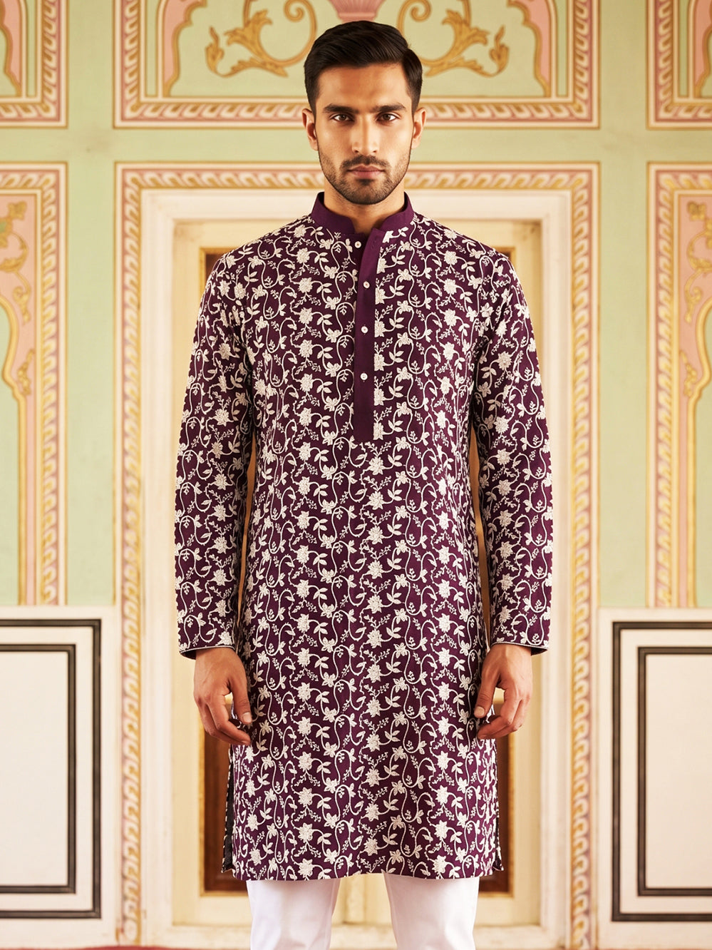 DesiQlo Men Embroidered Kurta Only - Purple - 65KO_5533Purple_S