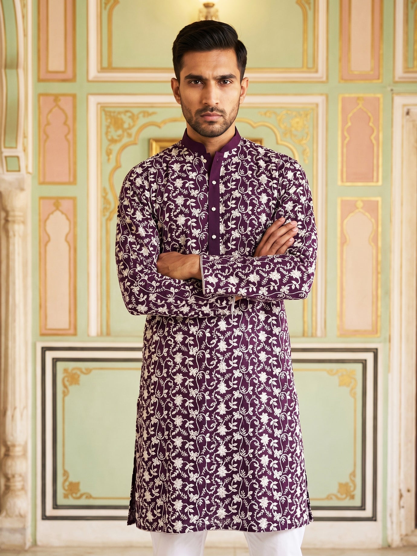 DesiQlo Men Embroidered Kurta Only - Purple - 65KO_5533Purple_S
