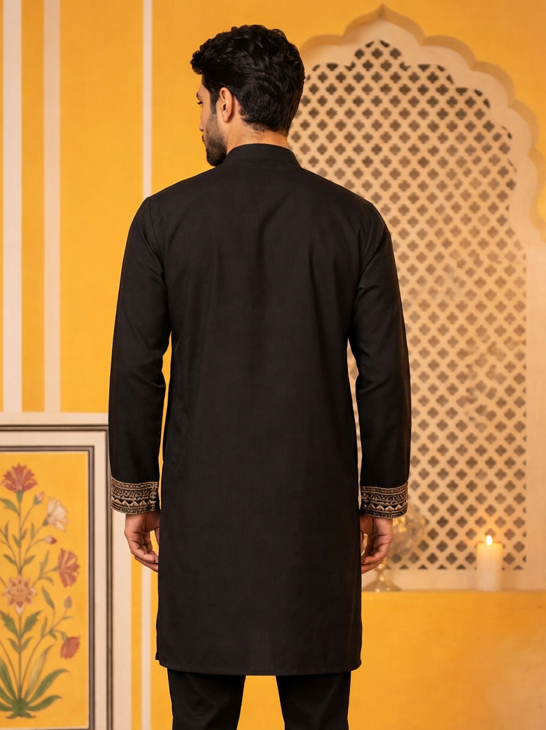 DesiQlo Men Embroidered Kurta Only - Black - 65KO_5538Black_S