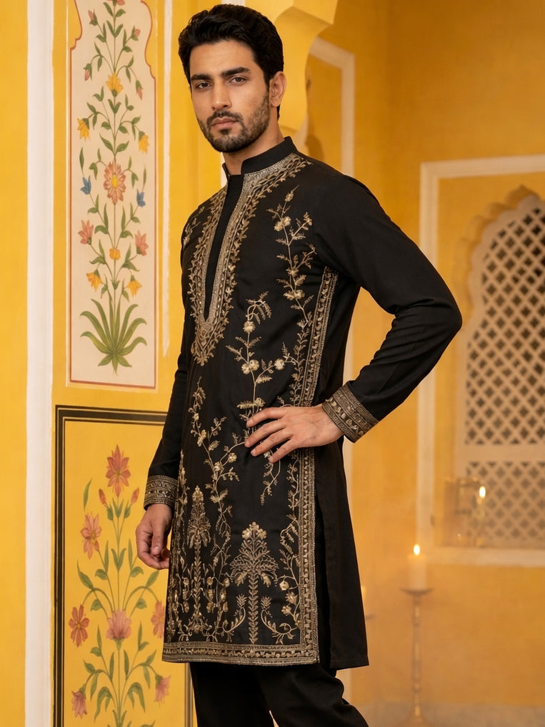 DesiQlo Men Embroidered Kurta Only - Black - 65KO_5538Black_S