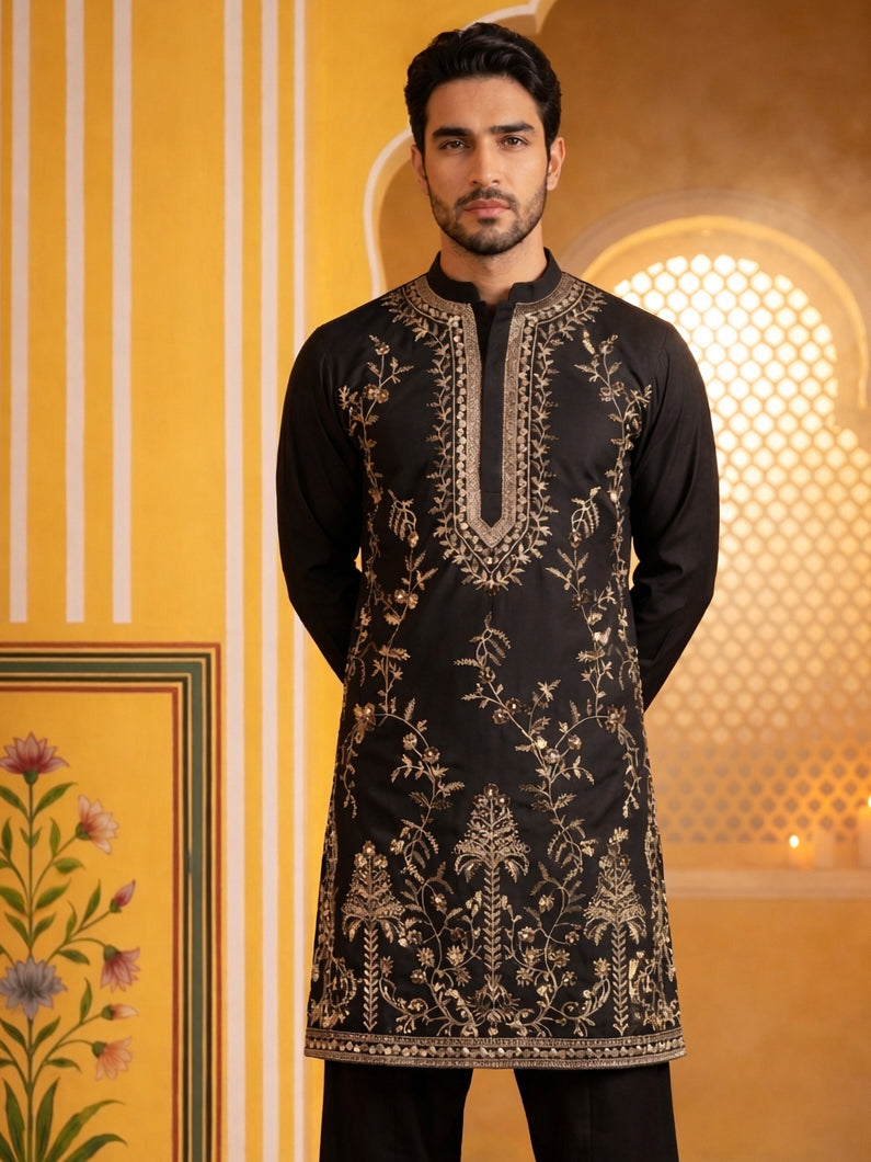 DesiQlo Men Embroidered Kurta Only - Black - 65KO_5538Black_S