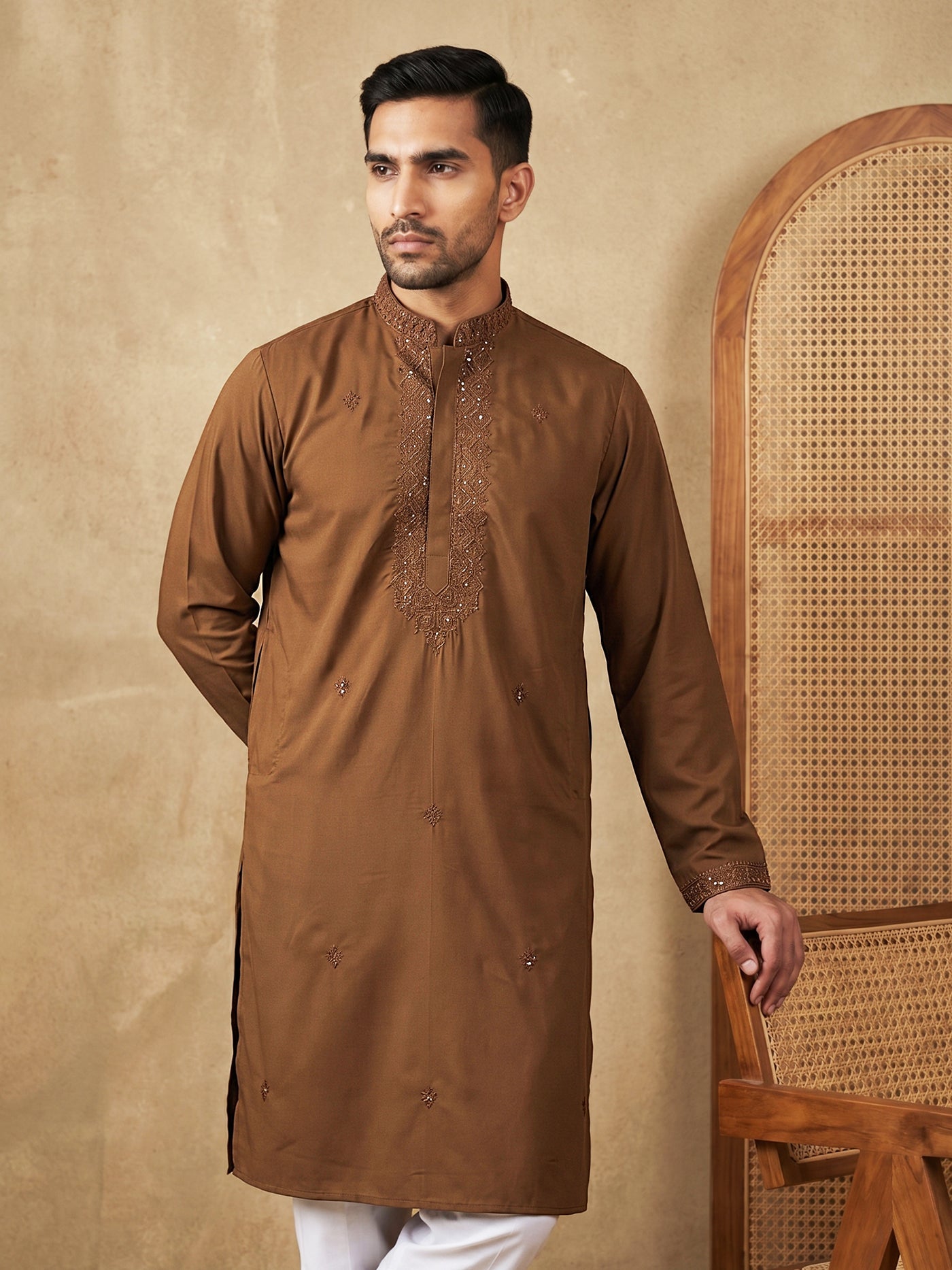 DesiQlo Men Embroidered Kurta Only - Brown - 65KO_5541Brown_S